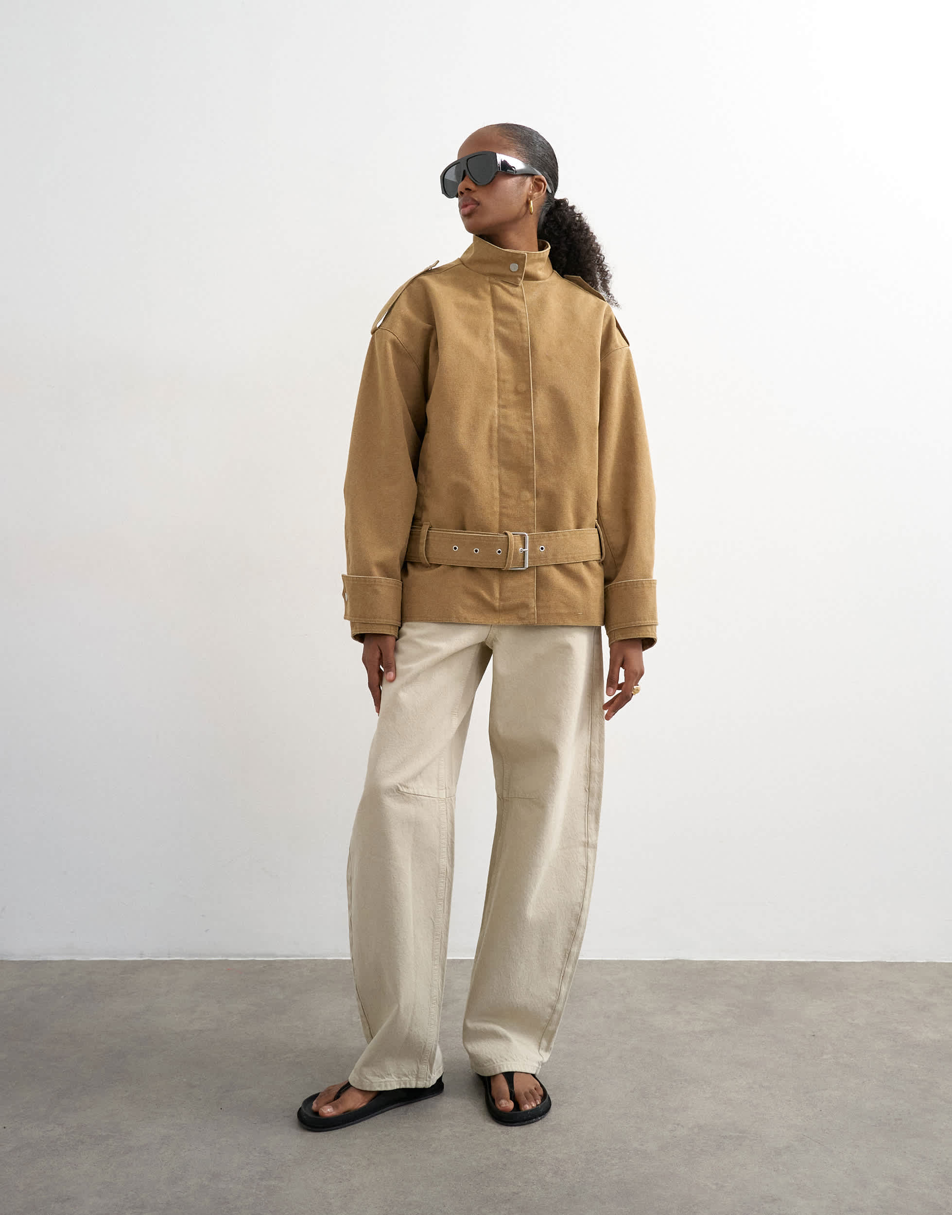 Topshop short cotton belted bomber jacket in tan