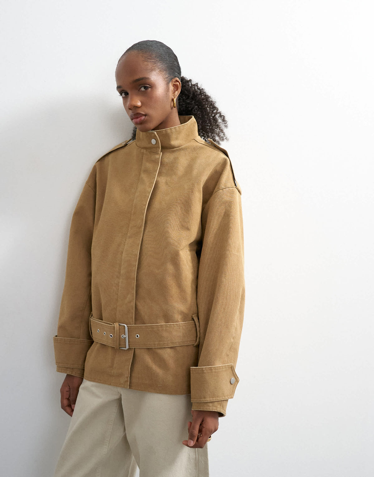 Topshop short cotton belted bomber jacket in tan