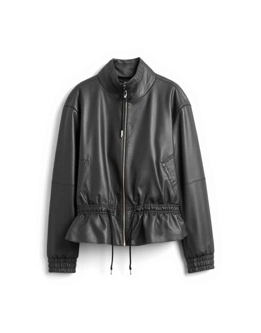 Topshop toggle waist leather look funnel zip through jacket in black