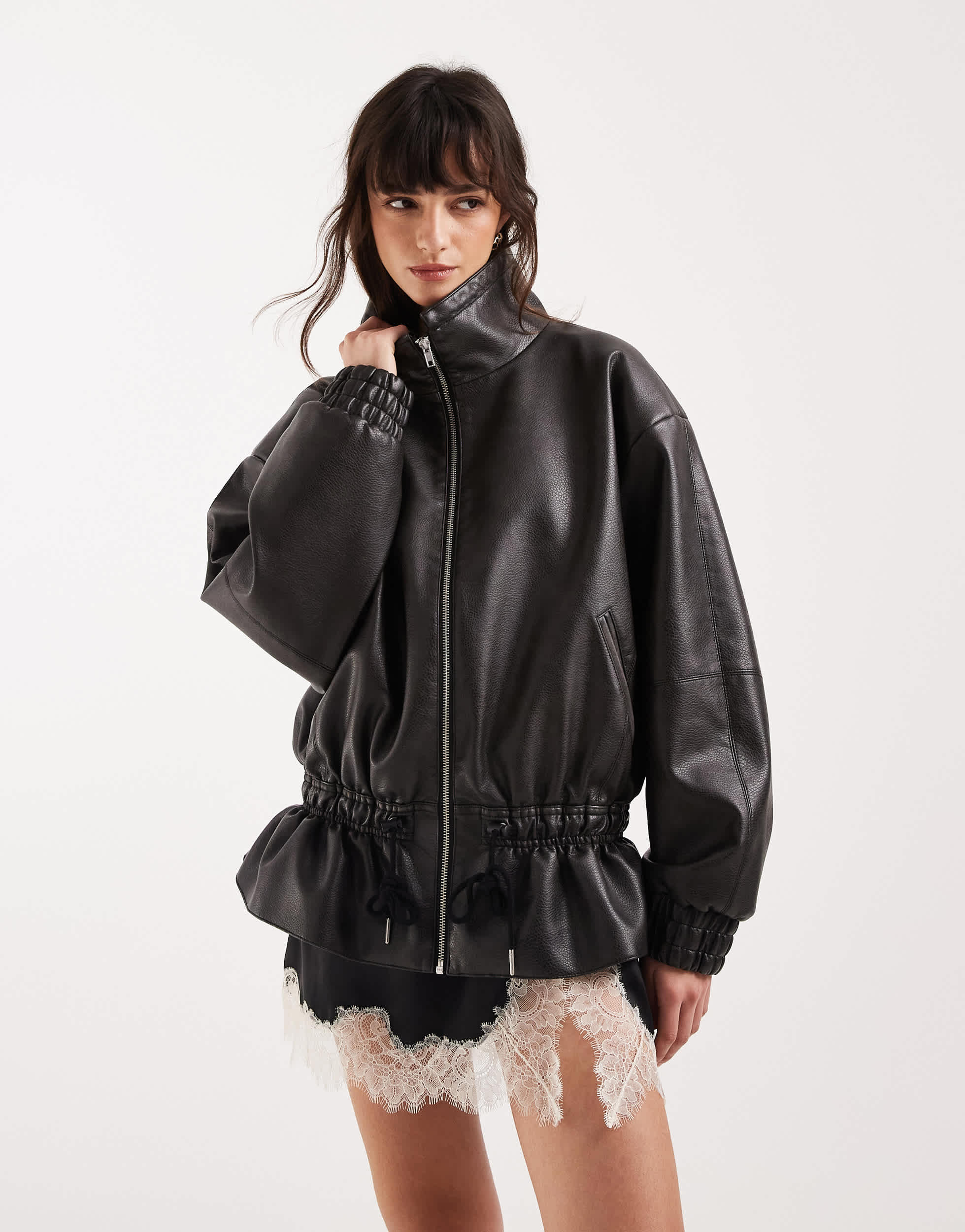 Topshop toggle waist leather look funnel zip through jacket in black