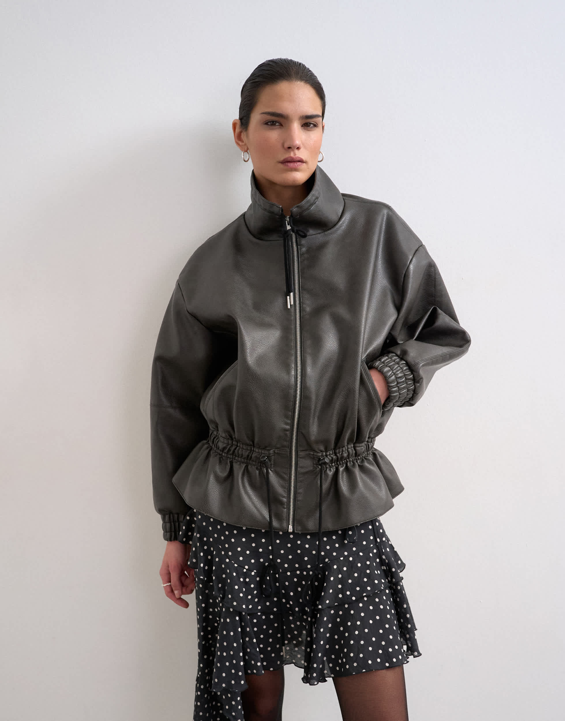 Topshop toggle waist leather look funnel zip through jacket in black