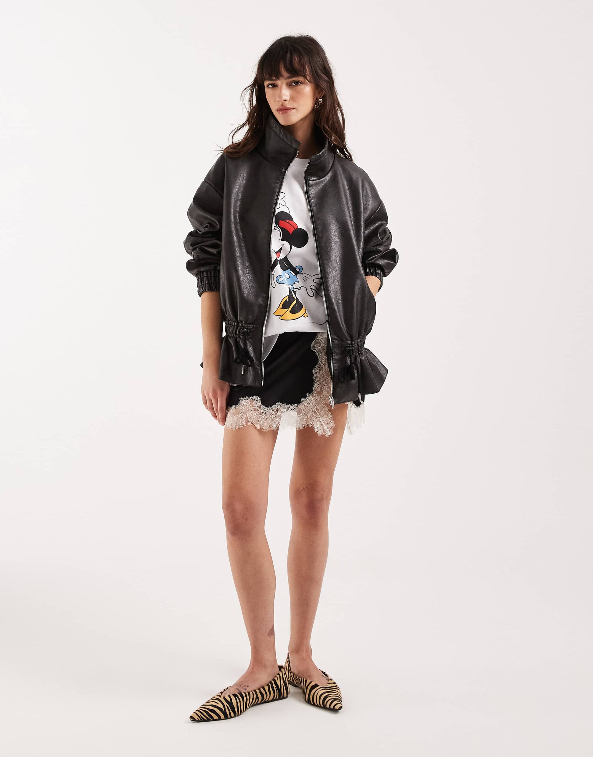 Topshop toggle waist leather look funnel zip through jacket in black