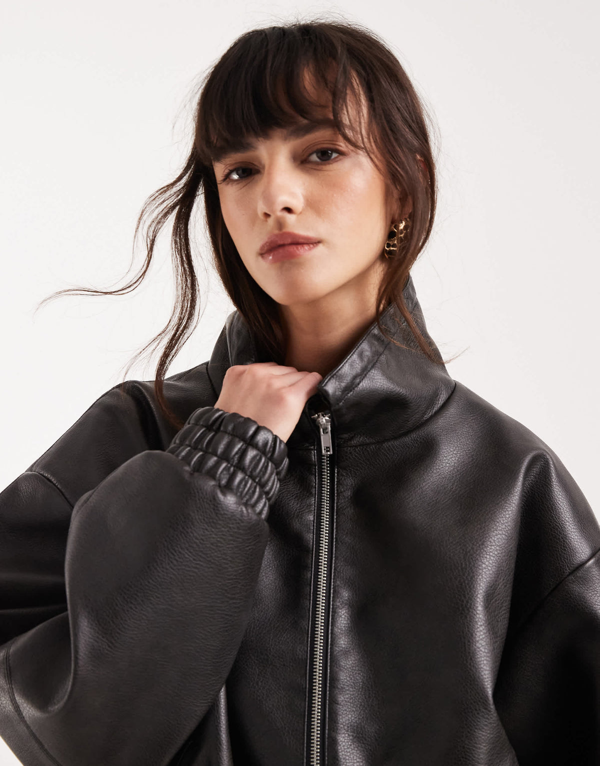 Topshop toggle waist leather look funnel zip through jacket in black