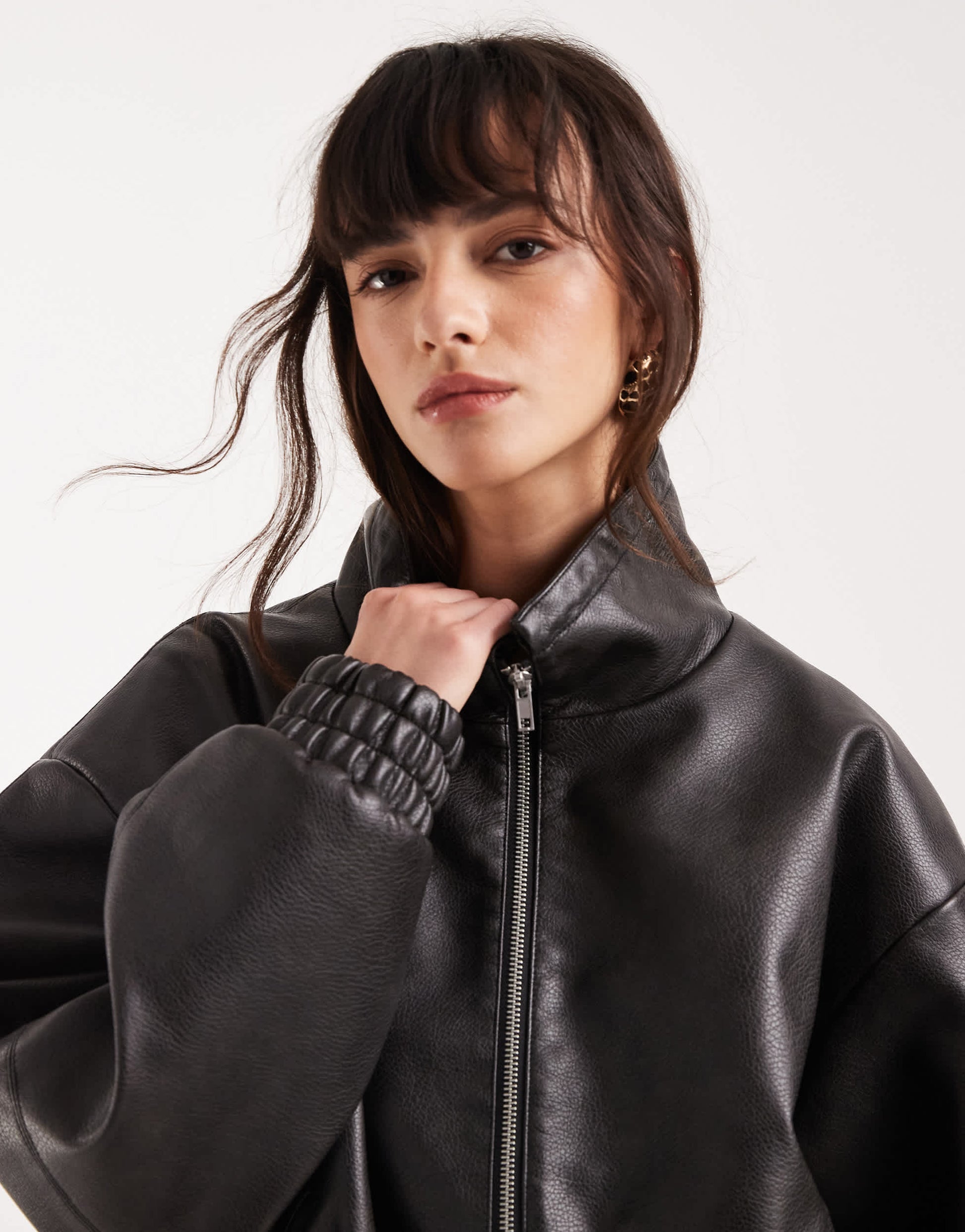 Topshop toggle waist leather look funnel zip through jacket in black
