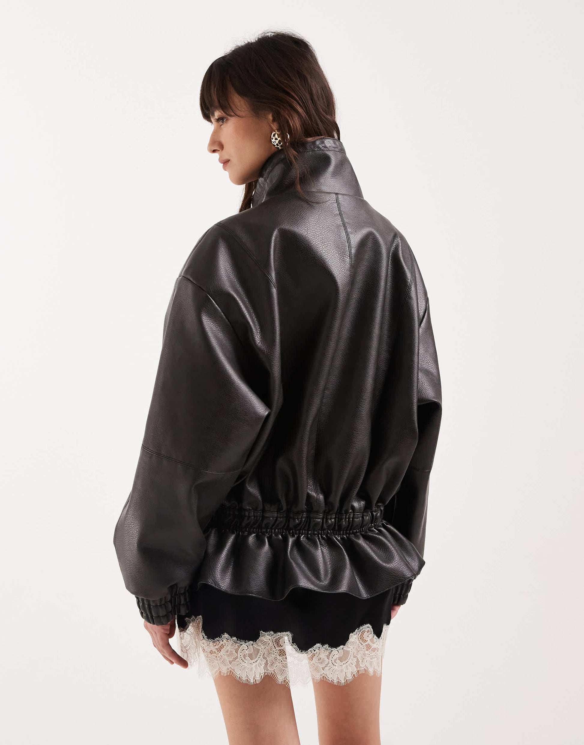 Topshop toggle waist leather look funnel zip through jacket in black