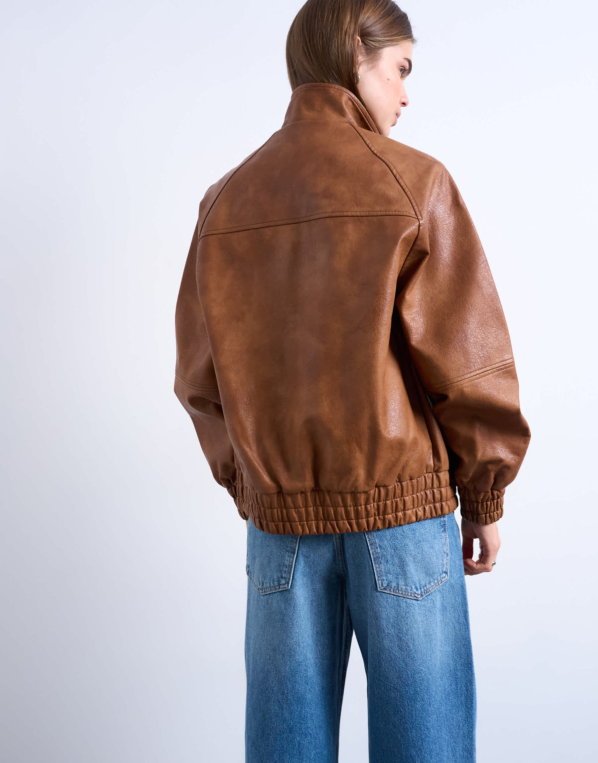Topshop leather look funnel neck jacket in washed brown