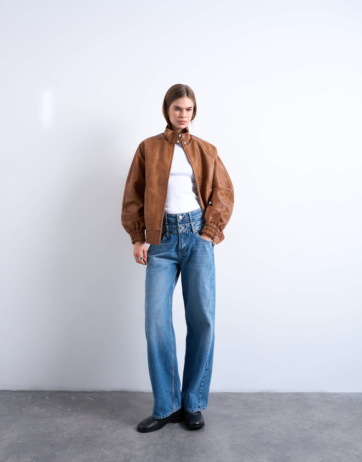 Topshop leather look funnel neck jacket in washed brown