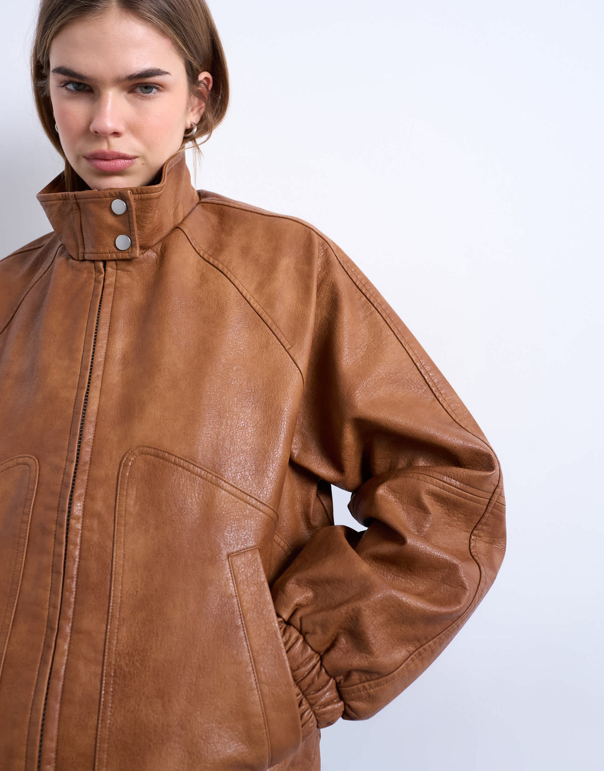 Topshop leather look funnel neck jacket in washed brown