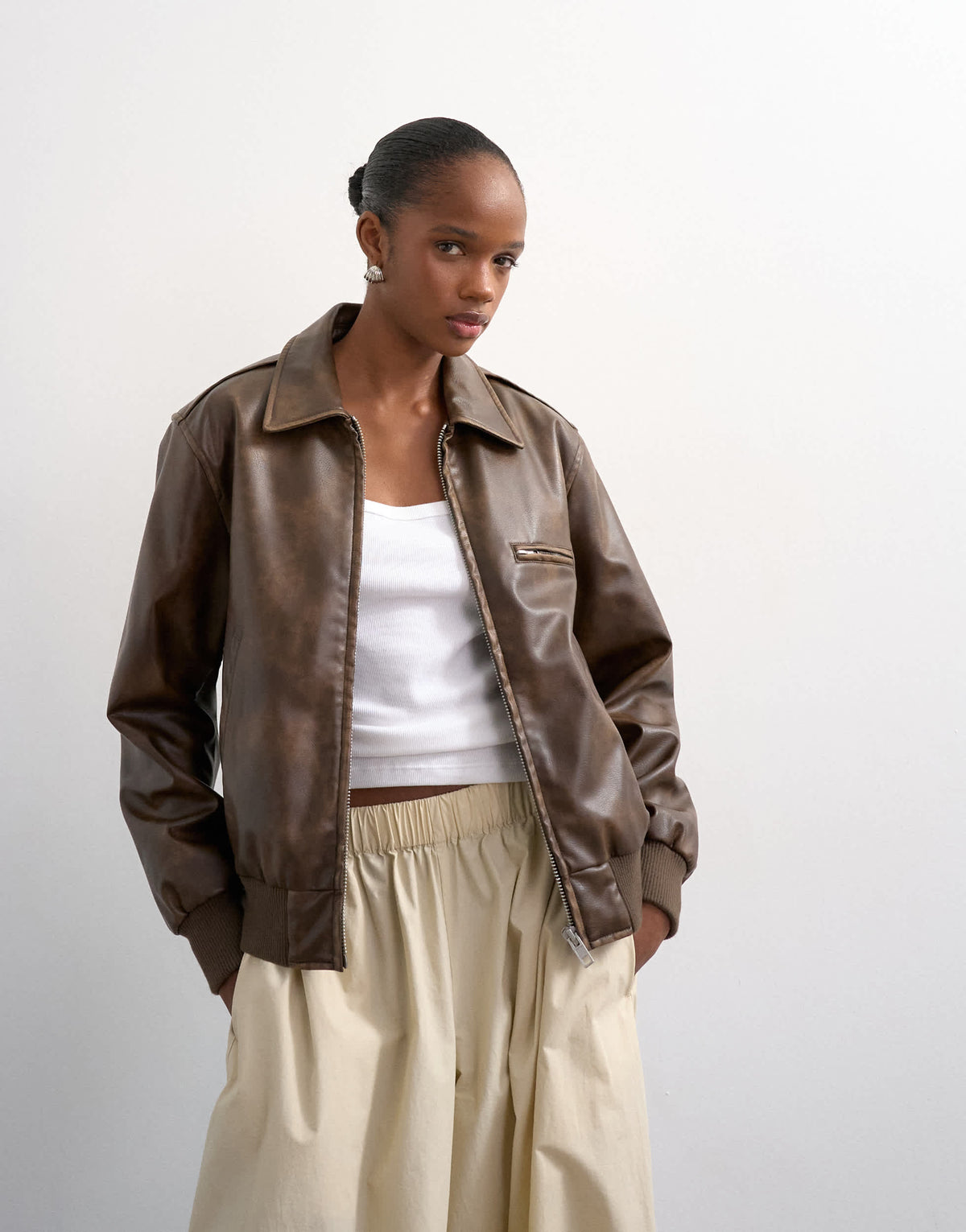 Topshop leather look centre front zip through jacket in brown