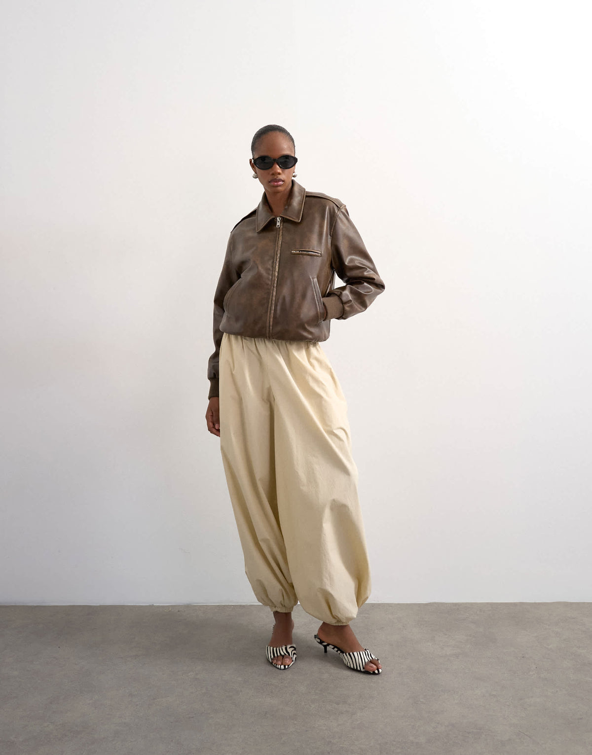 Topshop leather look centre front zip through jacket in brown