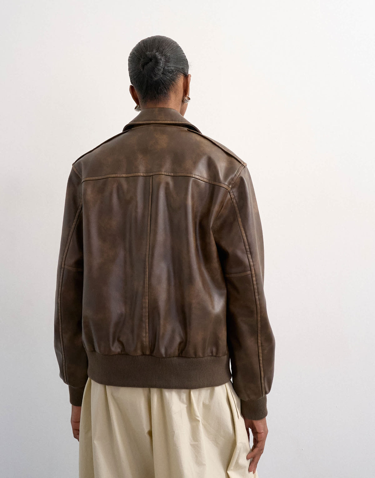 Topshop leather look centre front zip through jacket in brown