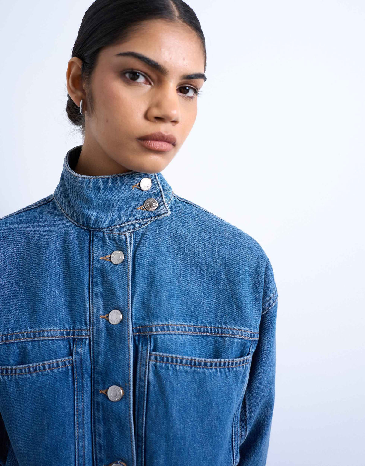 Topshop denim funnel neck belted jumpsuit in mid blue