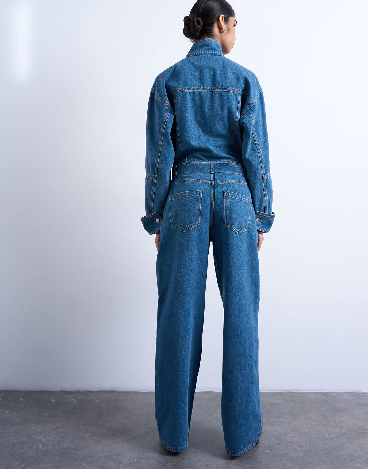Topshop denim funnel neck belted jumpsuit in mid blue