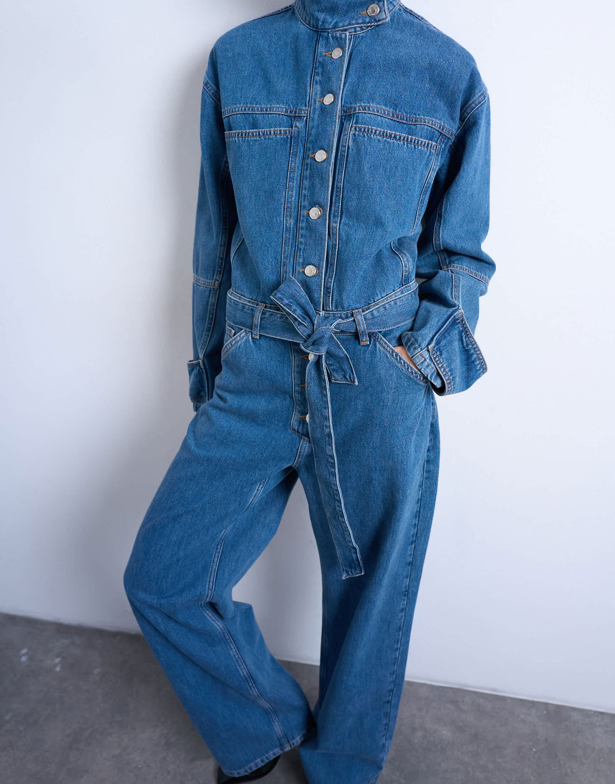 Topshop denim funnel neck belted jumpsuit in mid blue