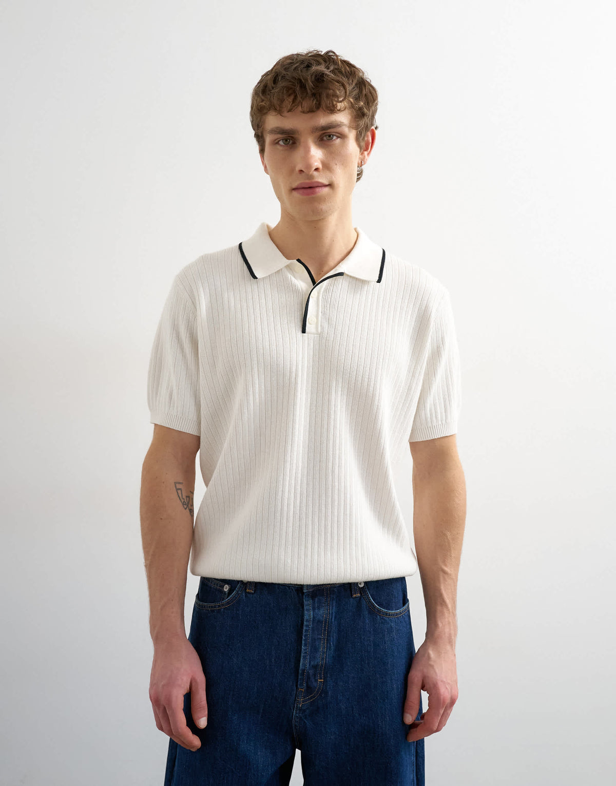 Topman classic fit knitted rib polo with tipping in ecru