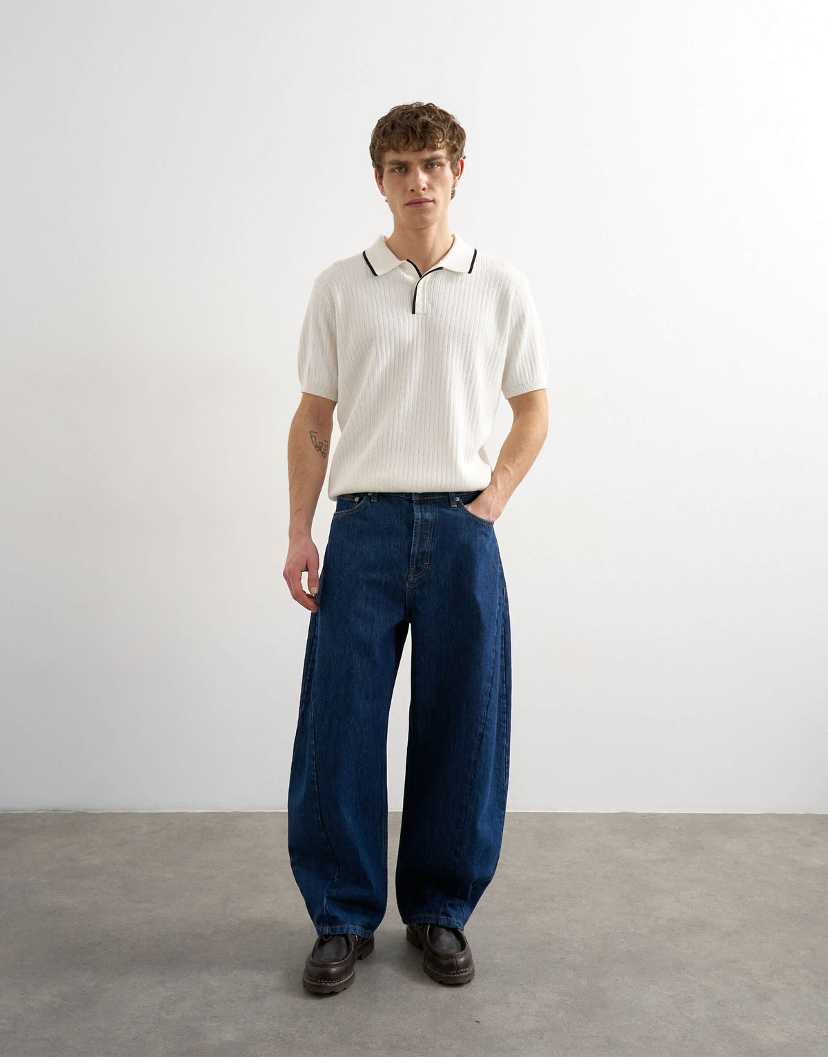 Topman classic fit knitted rib polo with tipping in ecru