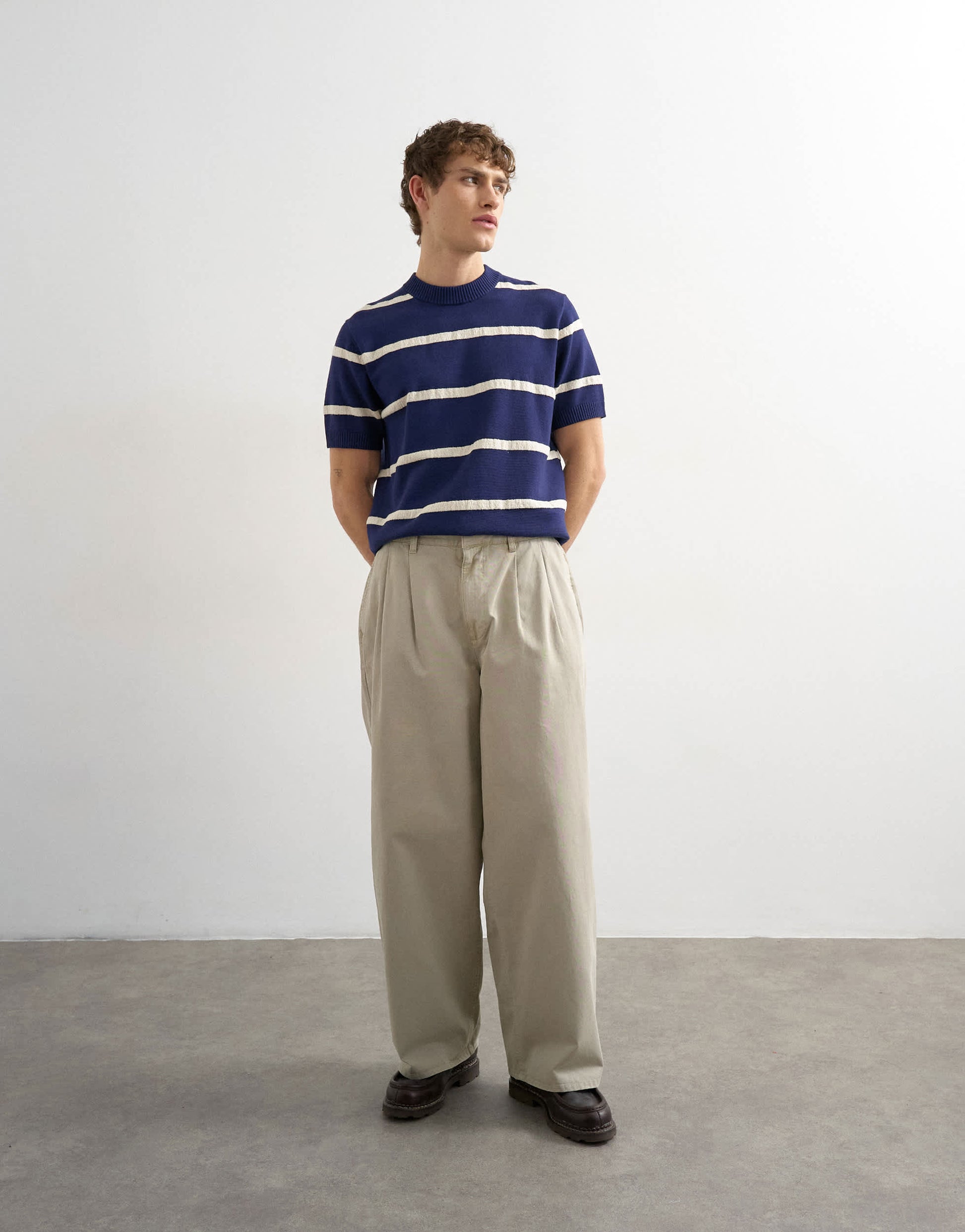 Topman classic fit knitted stripe t-shirt with stripe in navy