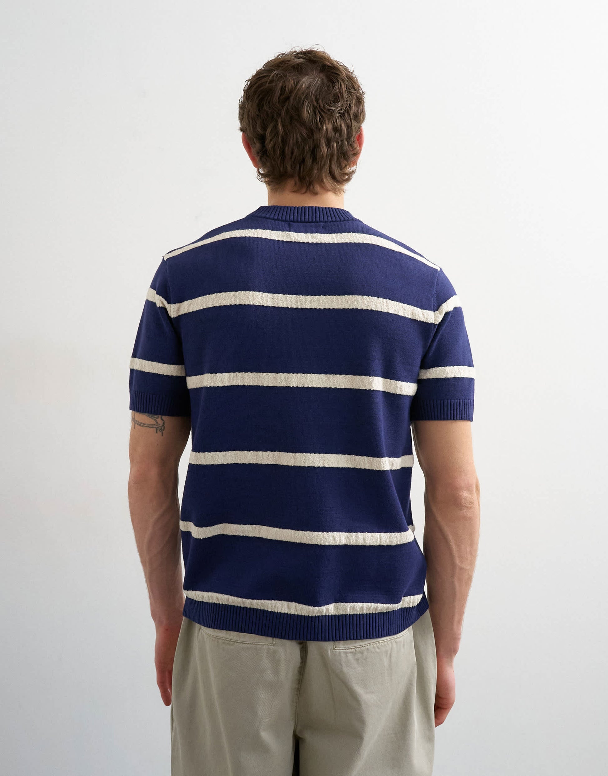Topman classic fit knitted stripe t-shirt with stripe in navy