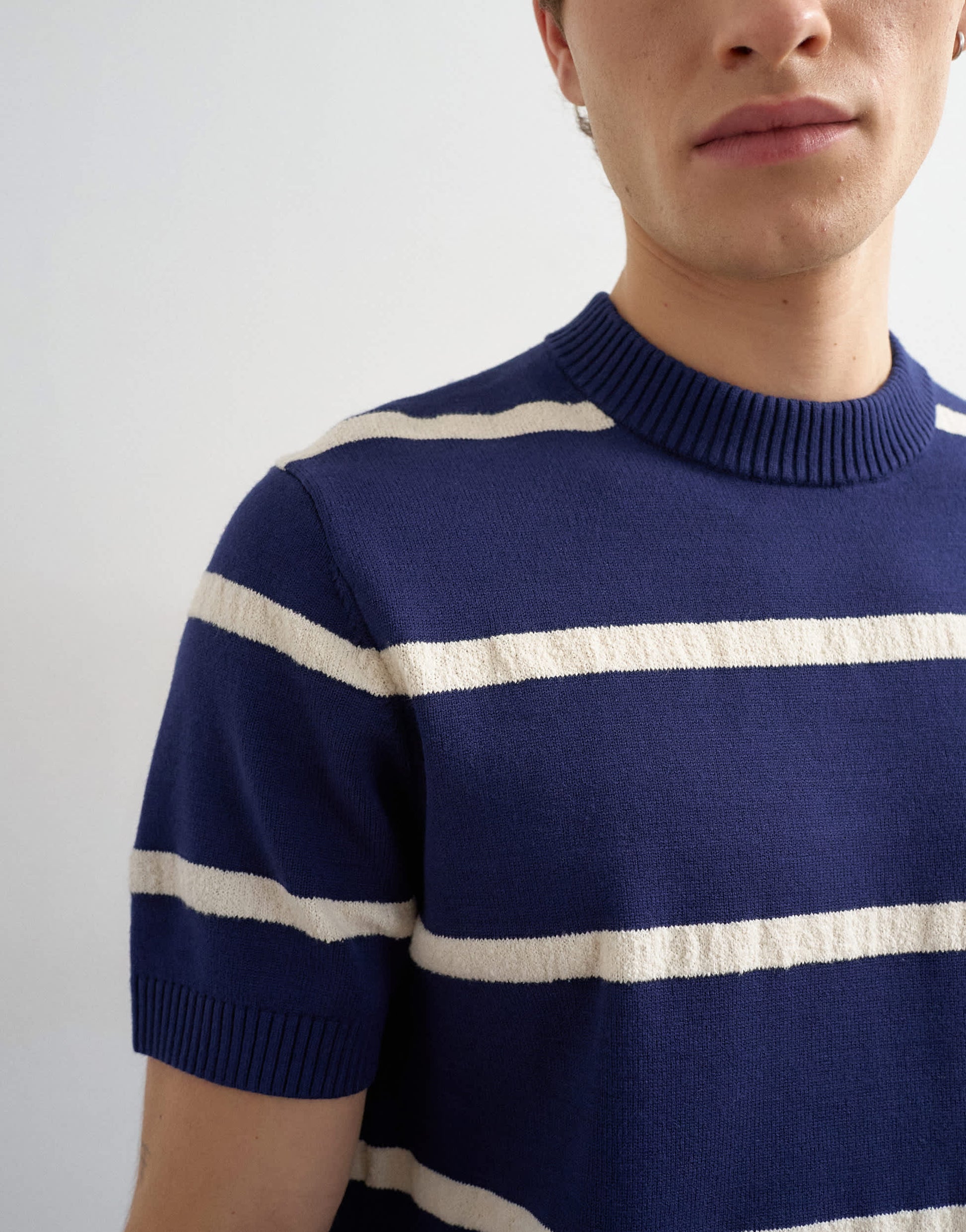 Topman classic fit knitted stripe t-shirt with stripe in navy