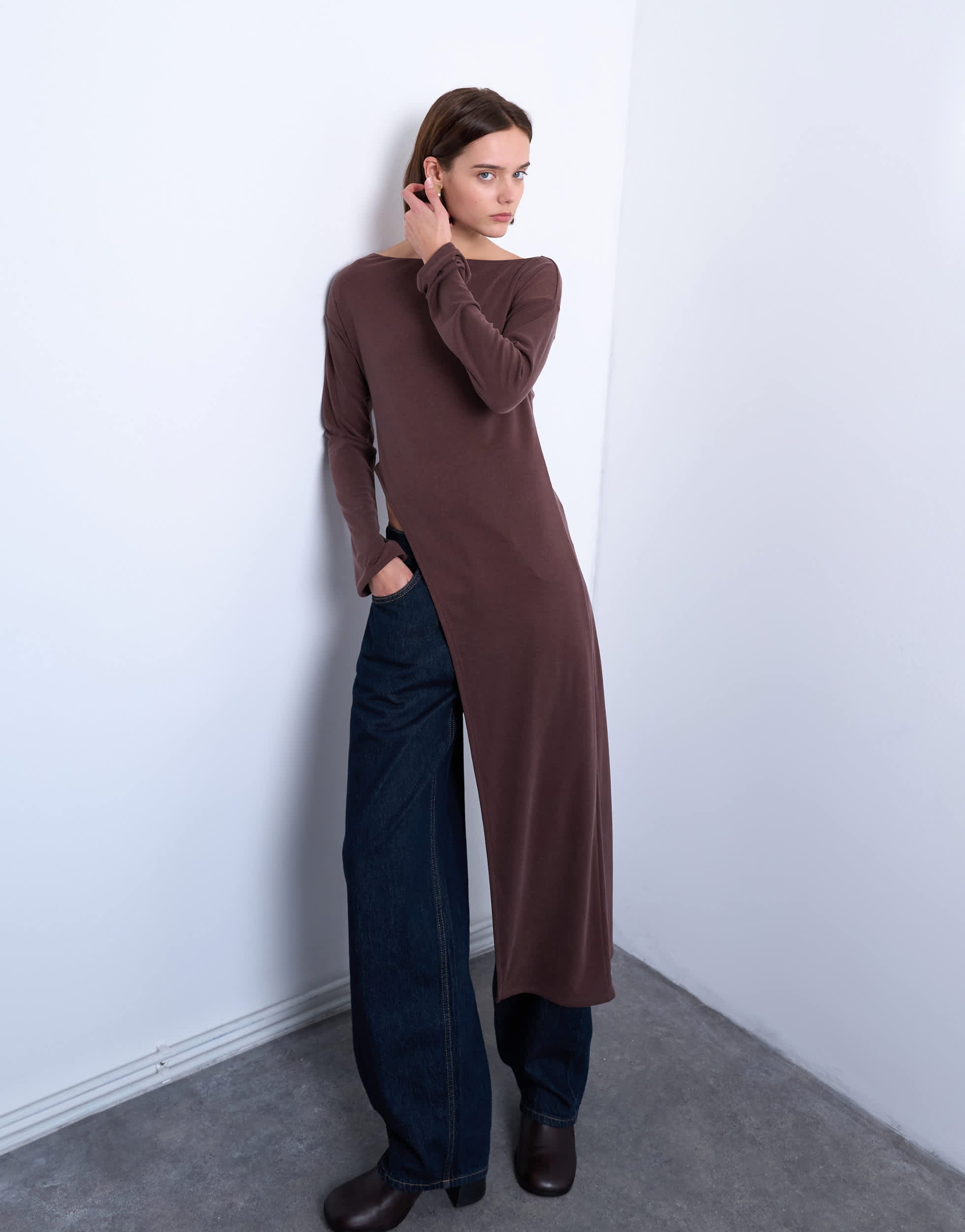 Topshop cupro asymmetric long sleeve tunic top in chocolate brown