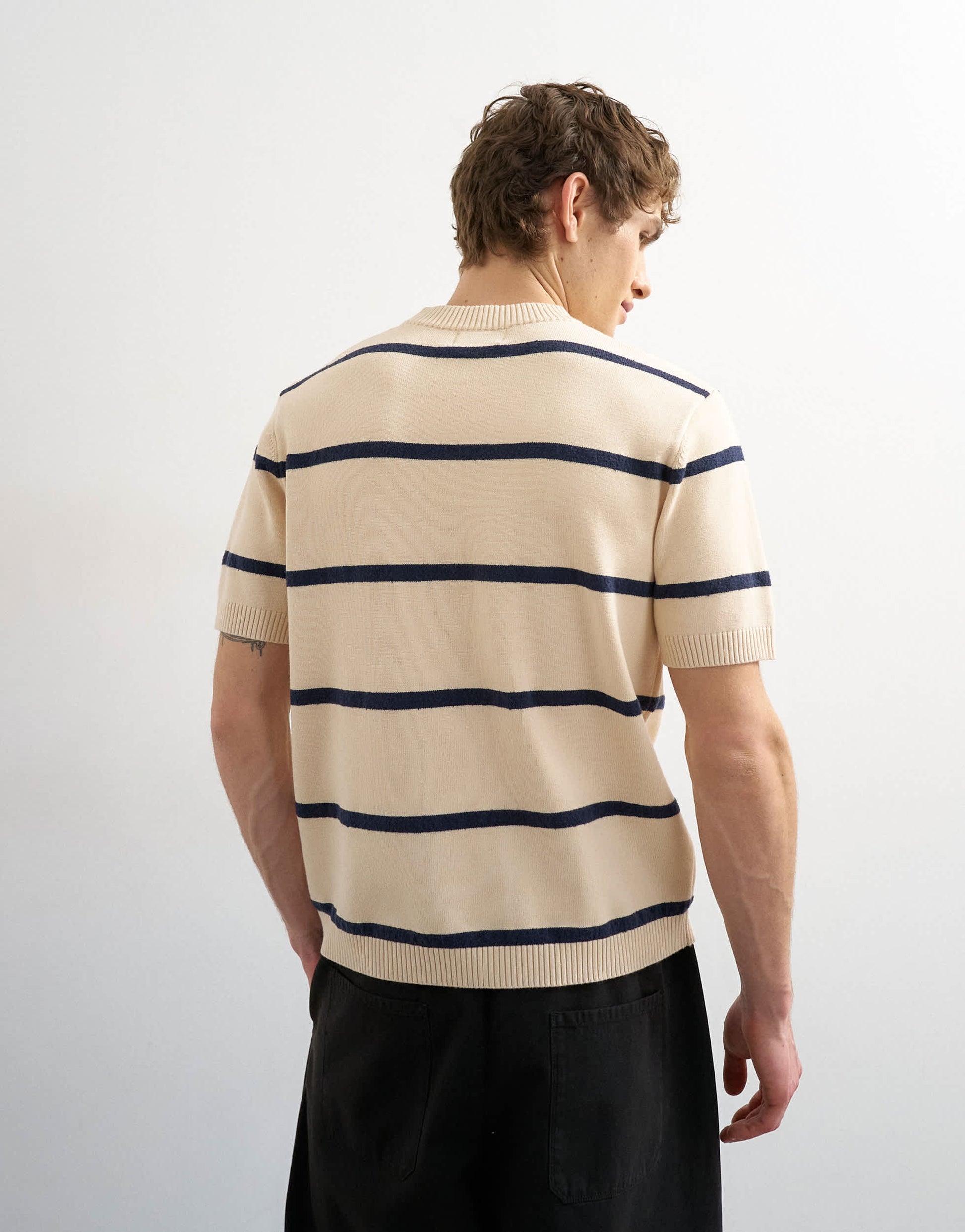 Topman classic fit knitted stripe t-shirt with stripe in cream