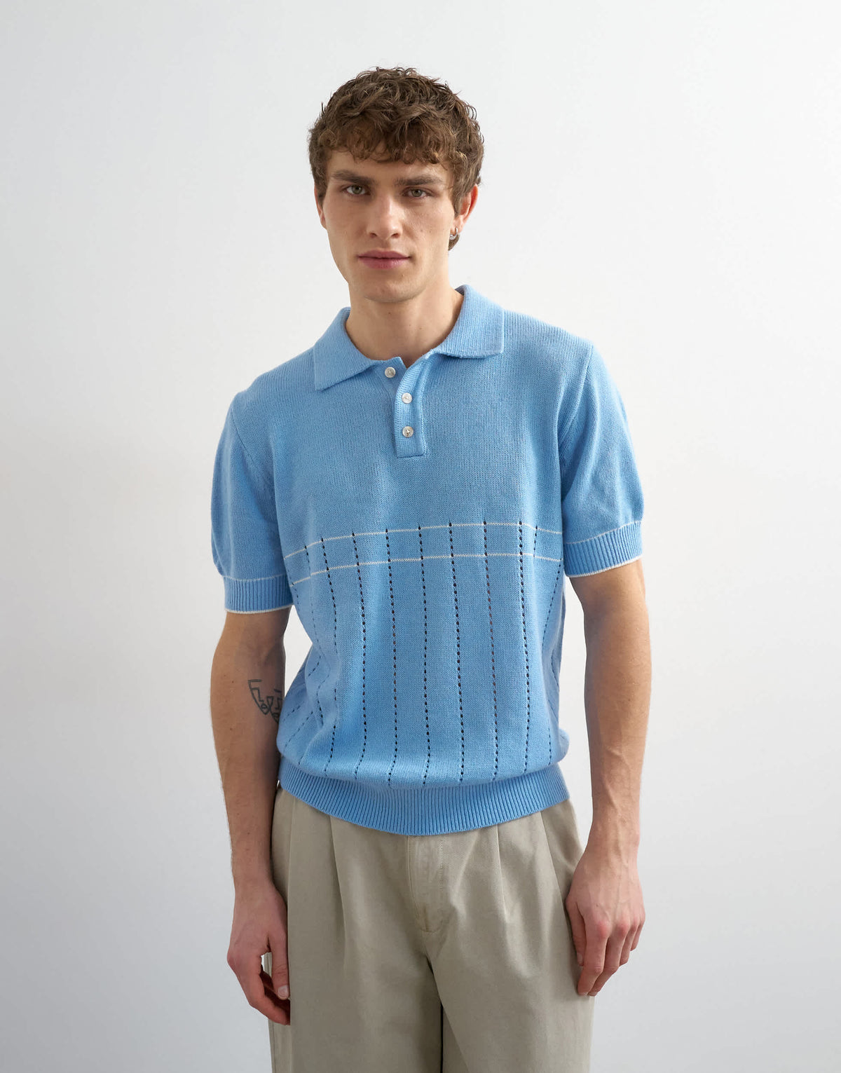 Topman classic fit pointelle knitted polo in light blue
