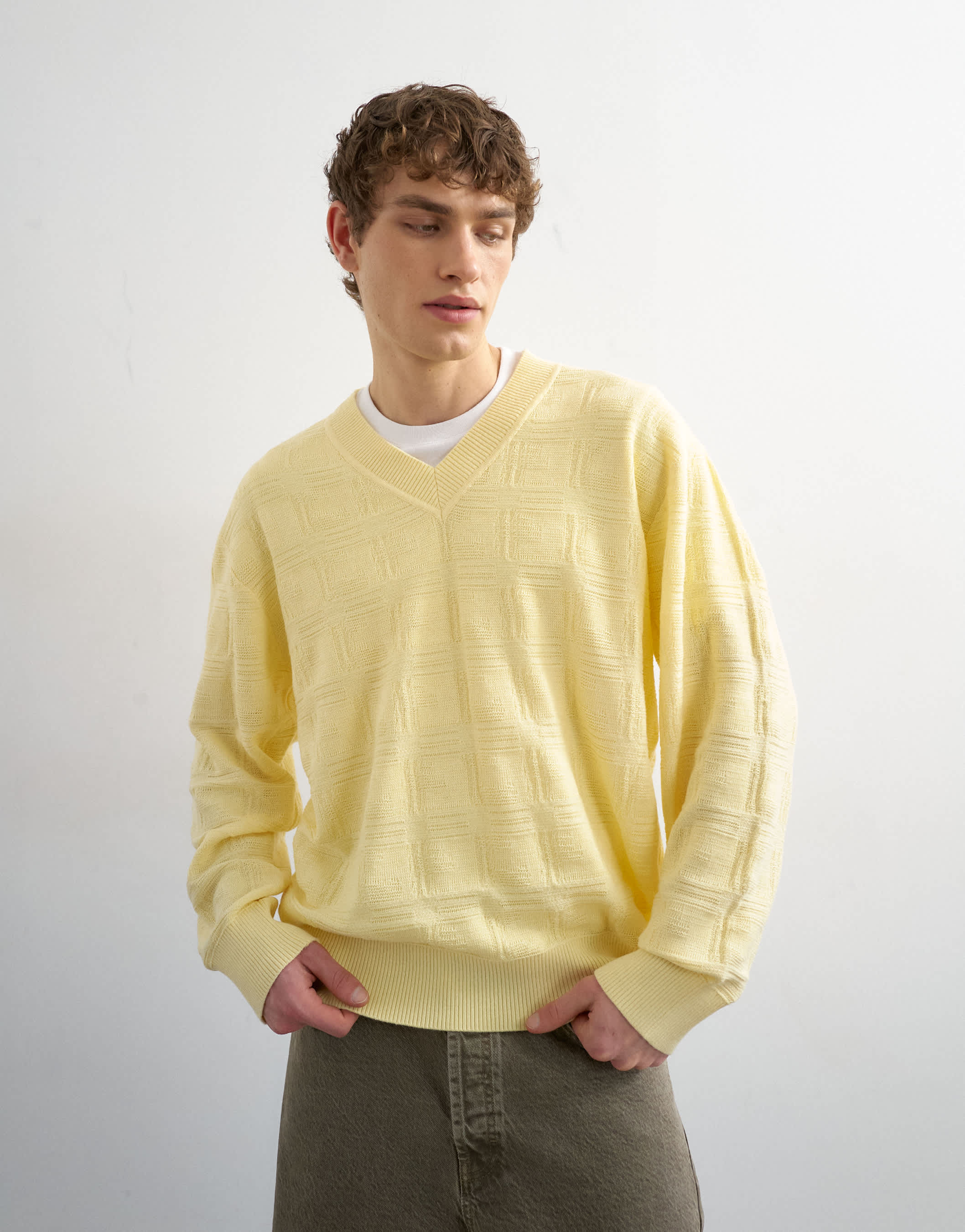 Pull en maille décontracté Topman à col en V texturé jaune