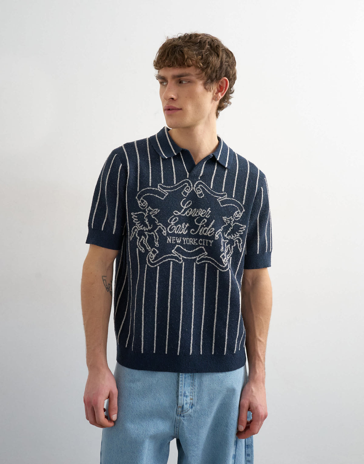 Topman relaxed fit knitted stripe polo with east side jacquard in navy