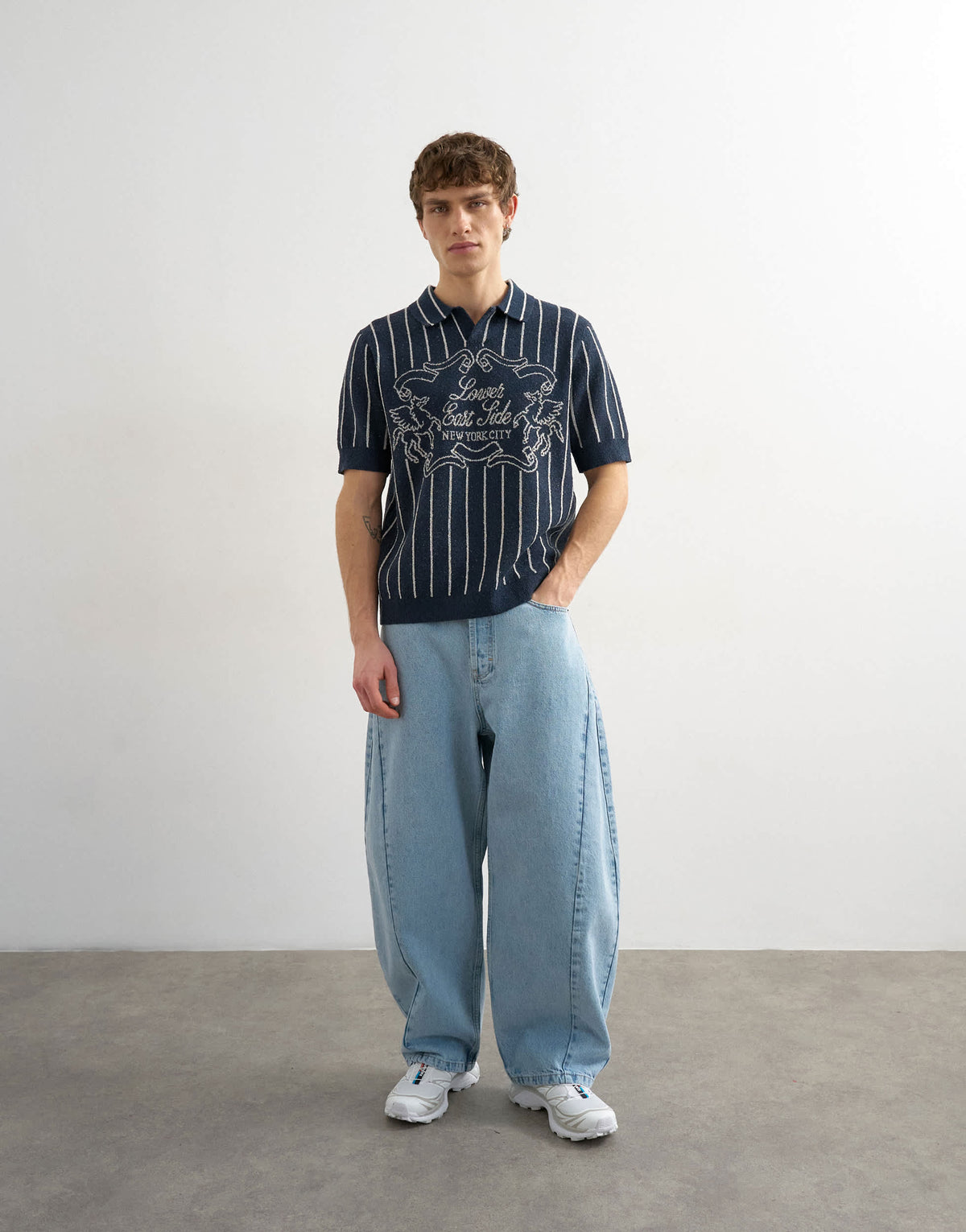 Topman relaxed fit knitted stripe polo with east side jacquard in navy