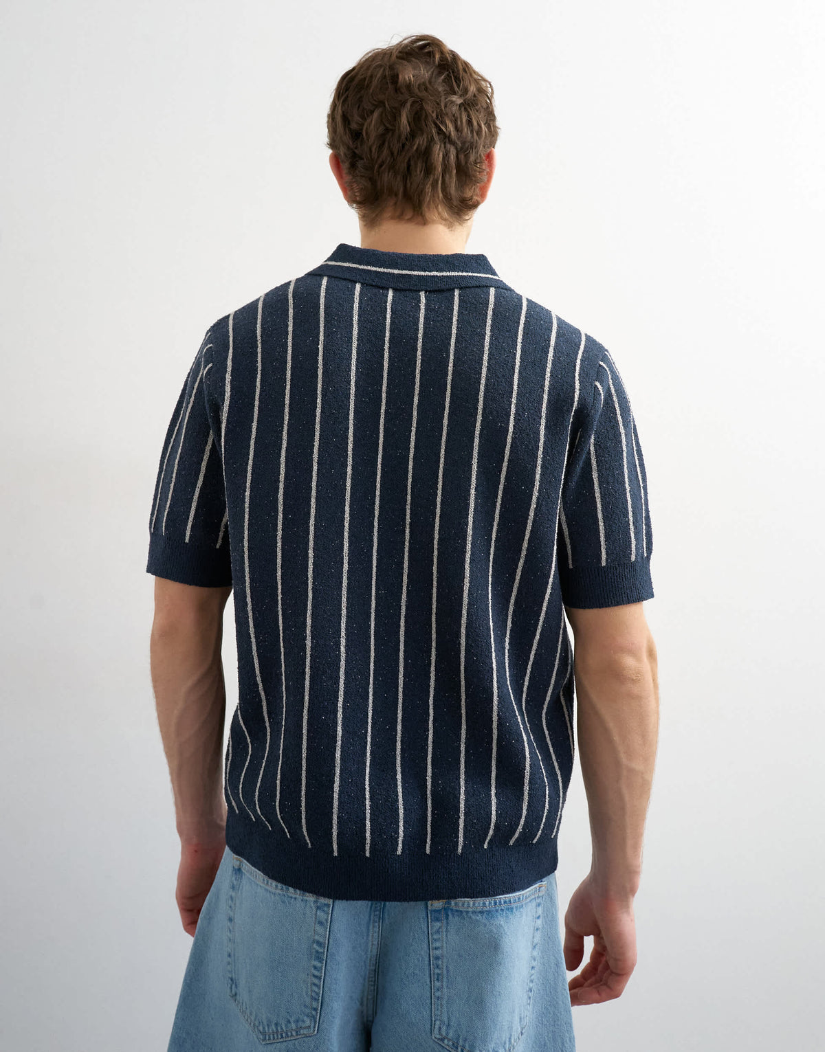 Topman relaxed fit knitted stripe polo with east side jacquard in navy