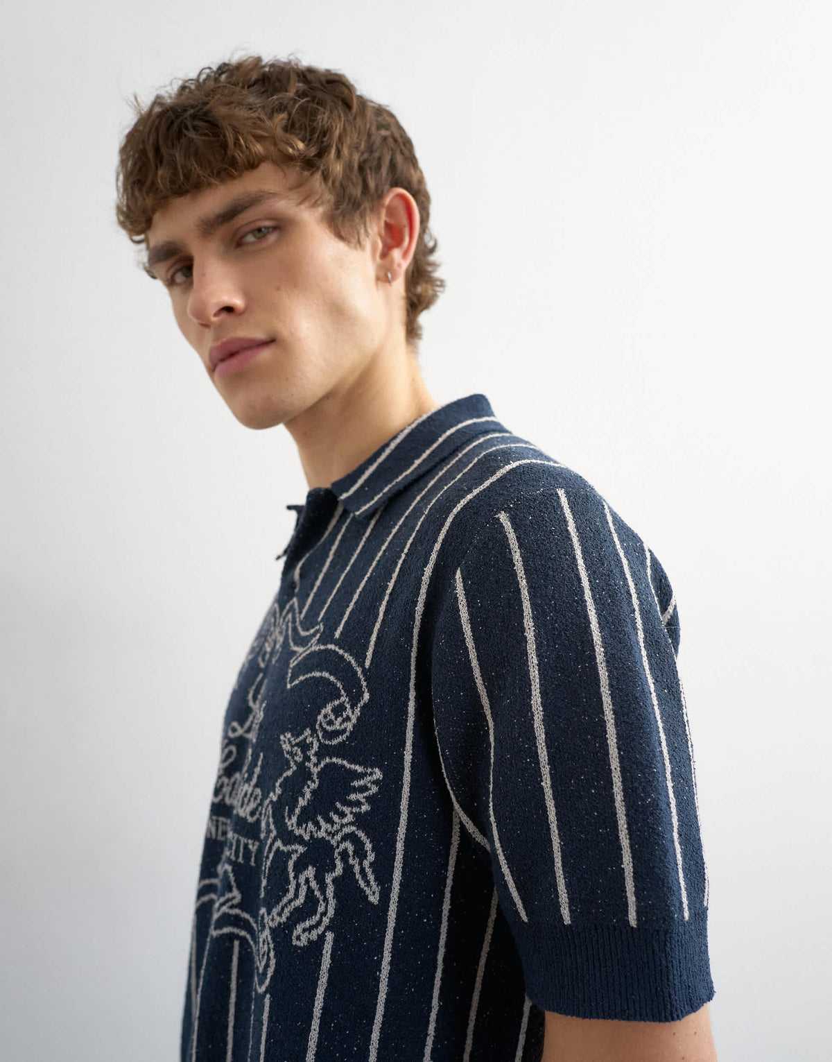 Topman relaxed fit knitted stripe polo with east side jacquard in navy