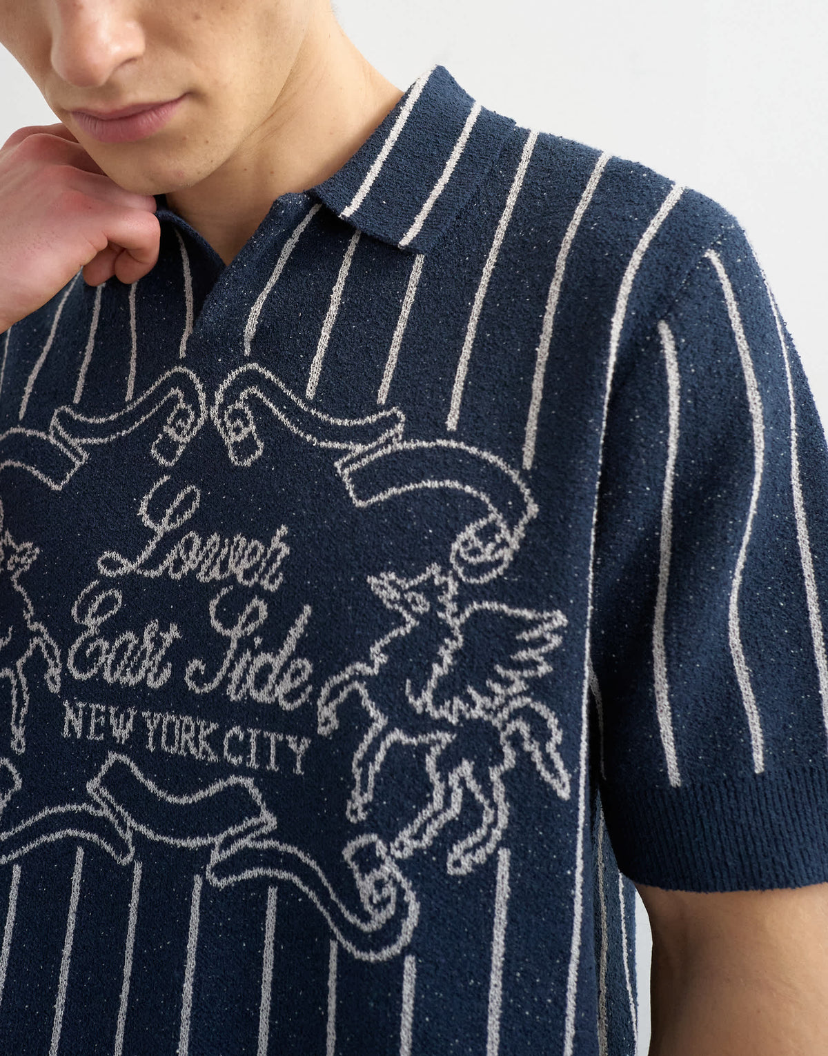 Topman relaxed fit knitted stripe polo with east side jacquard in navy