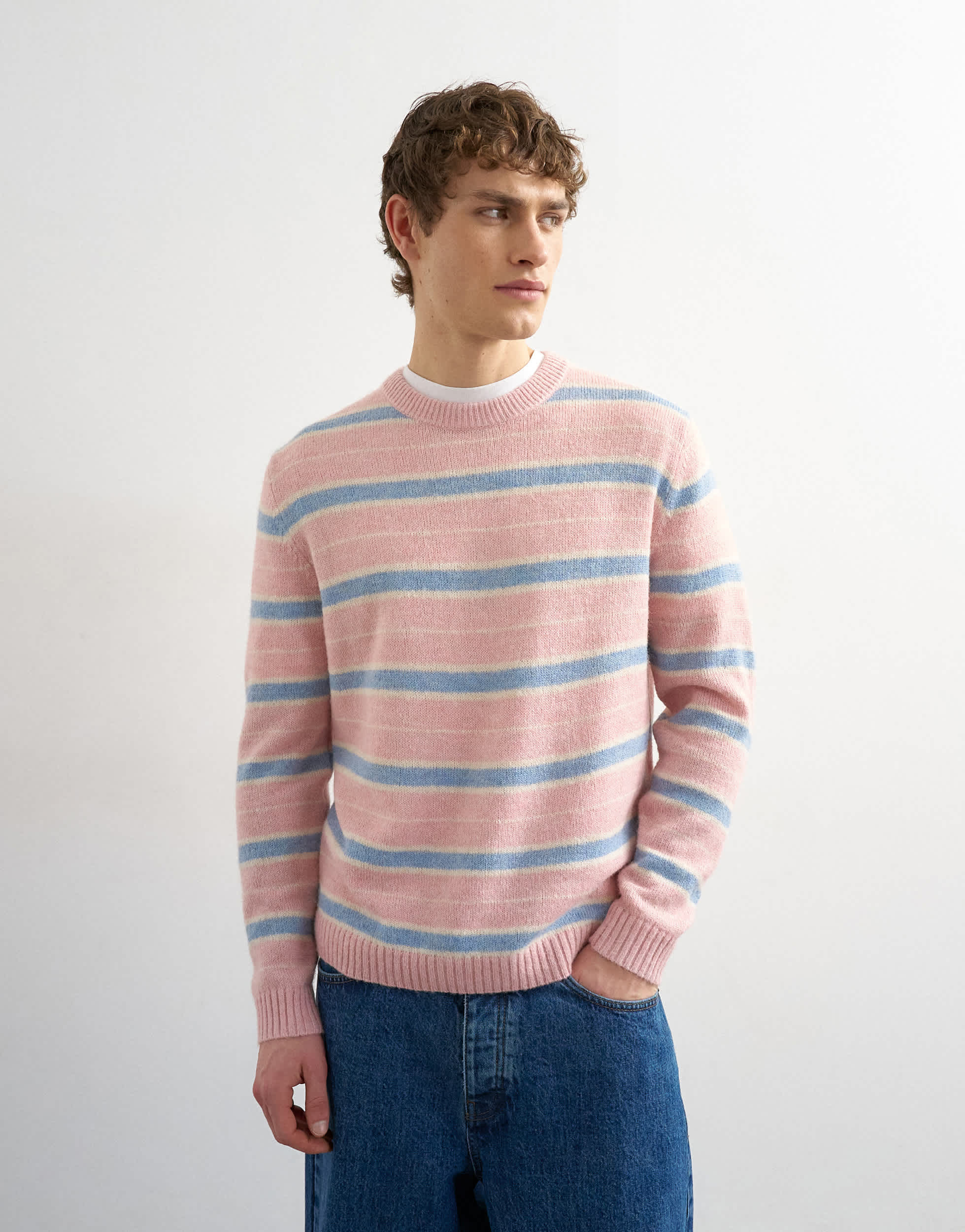 Topman relaxed fit knitted brushed stripe jumper in pink