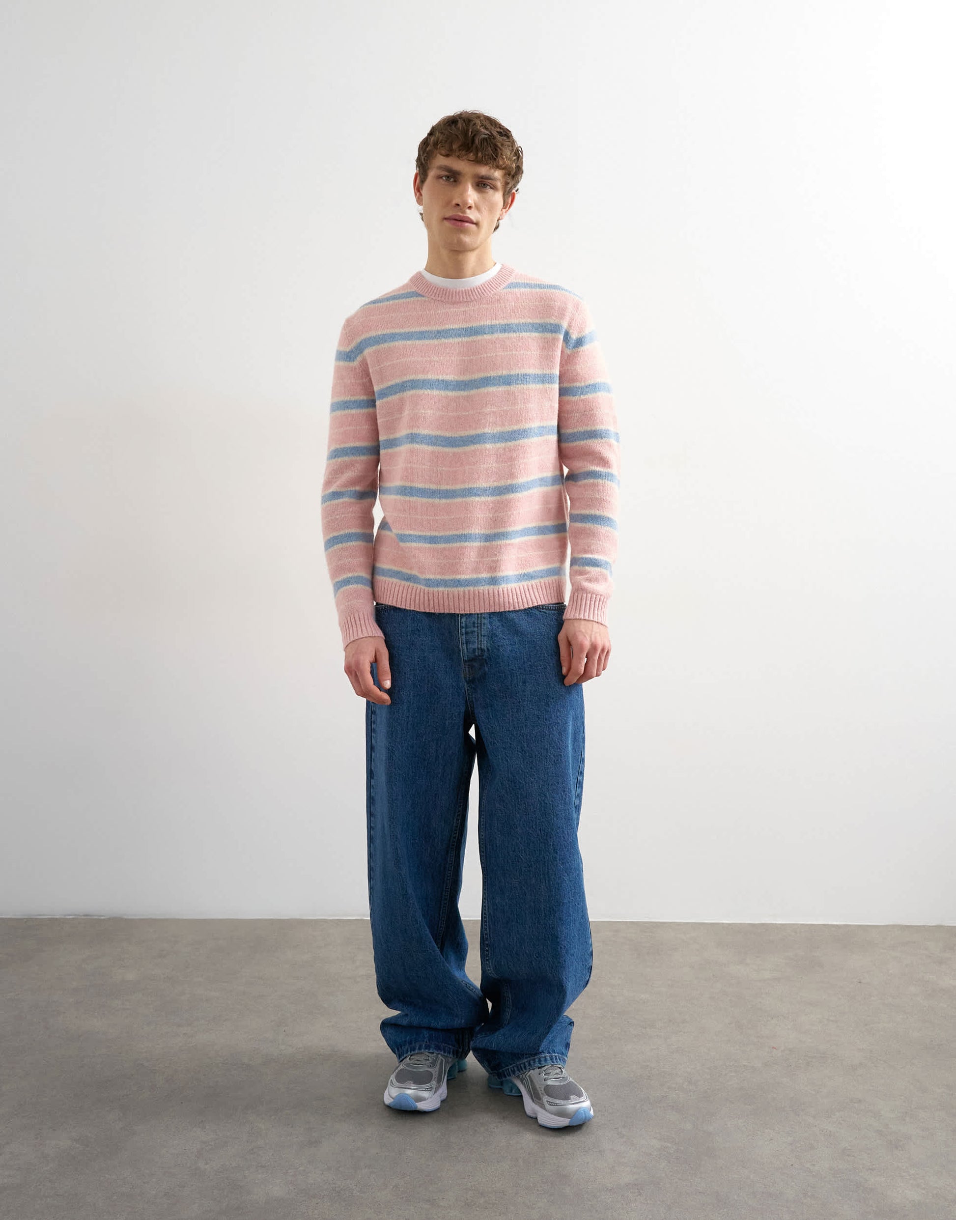Topman relaxed fit knitted brushed stripe jumper in pink