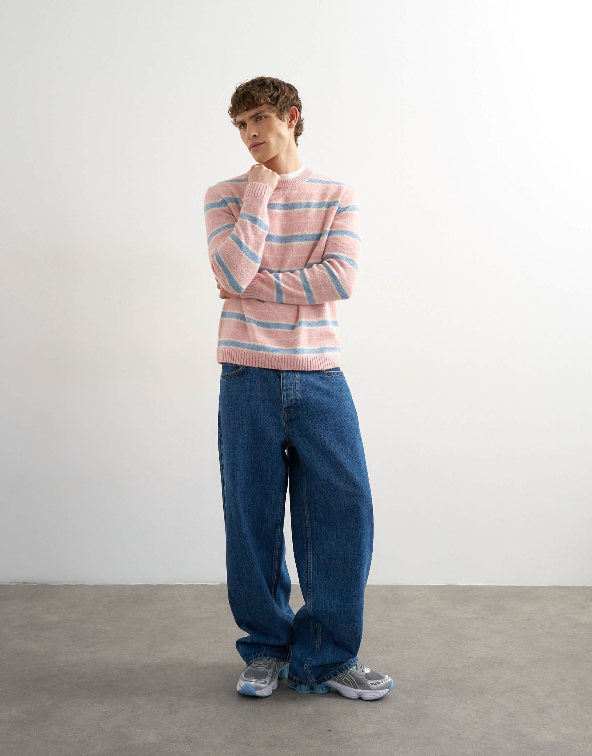 Topman relaxed fit knitted brushed stripe jumper in pink