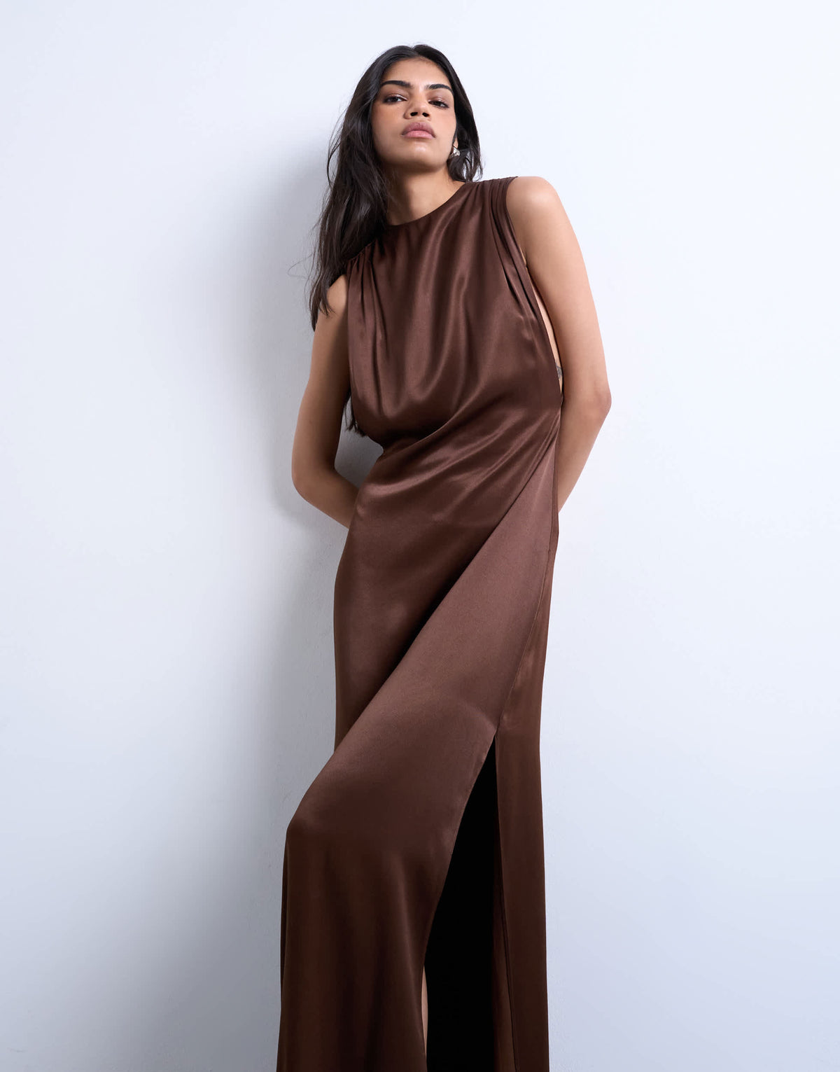 Topshop low armhole maxi occasion dress in chocolate