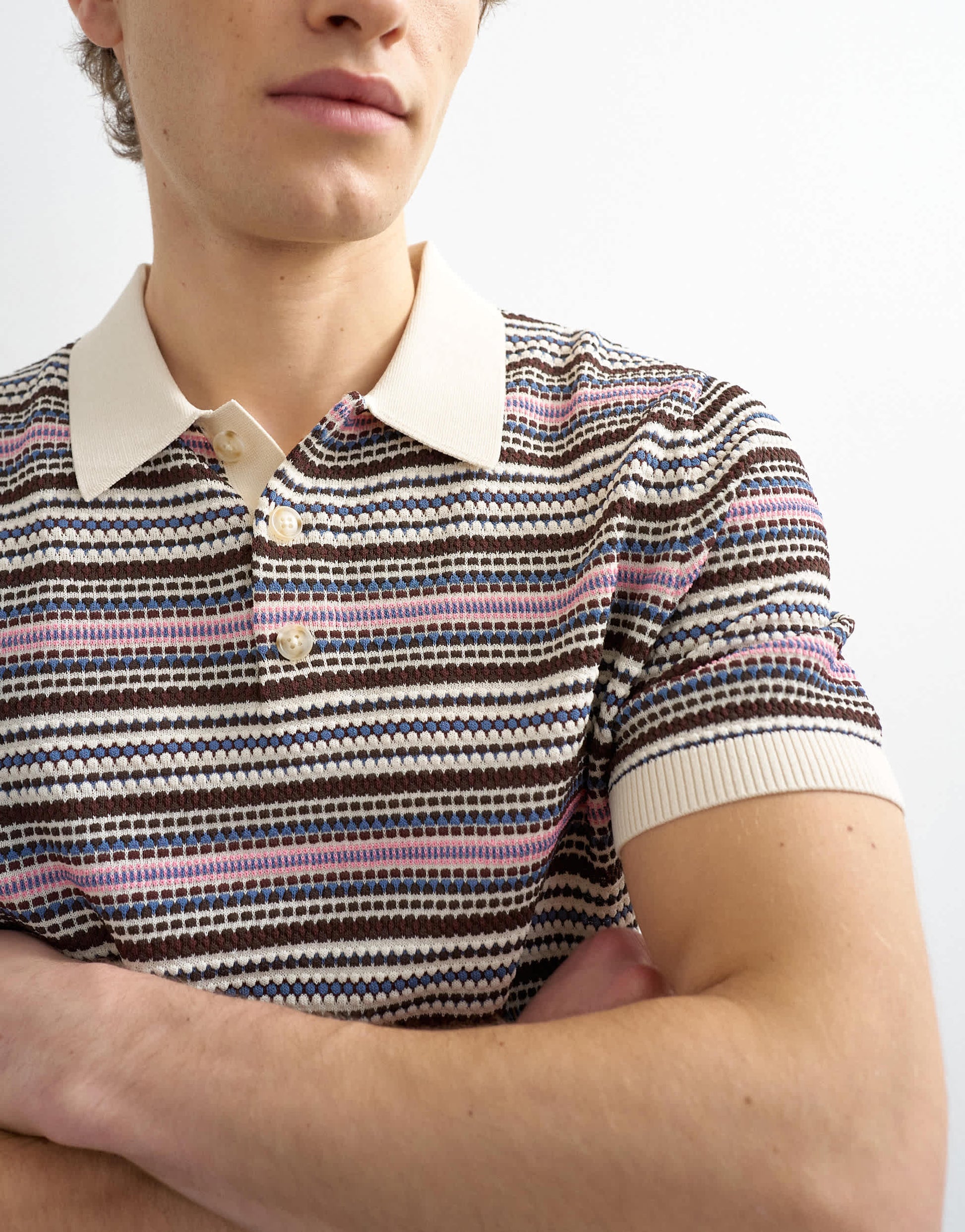 Topman classic fit knitted stripe polo in cream