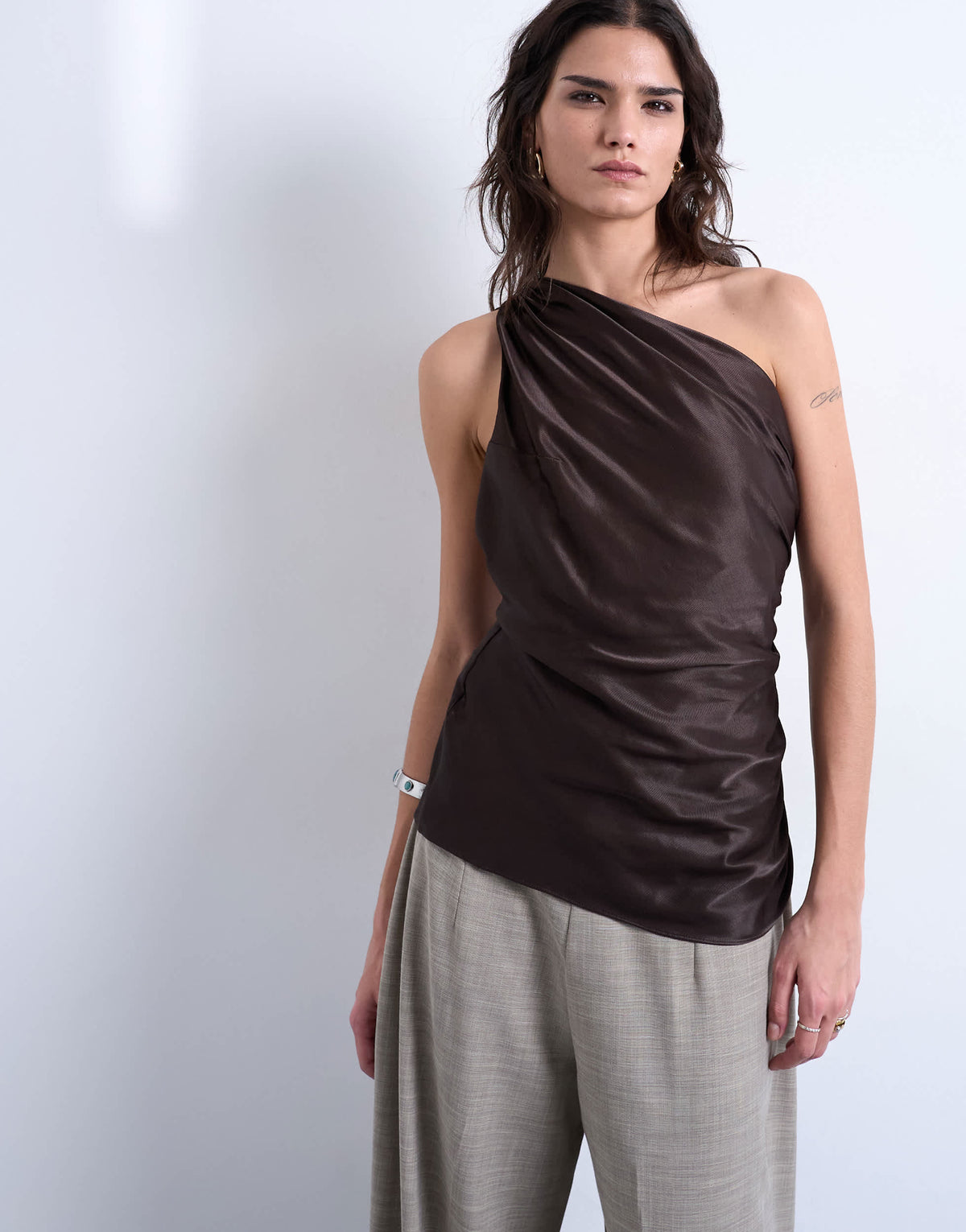 Topshop one shoulder top with drape back in chocolate