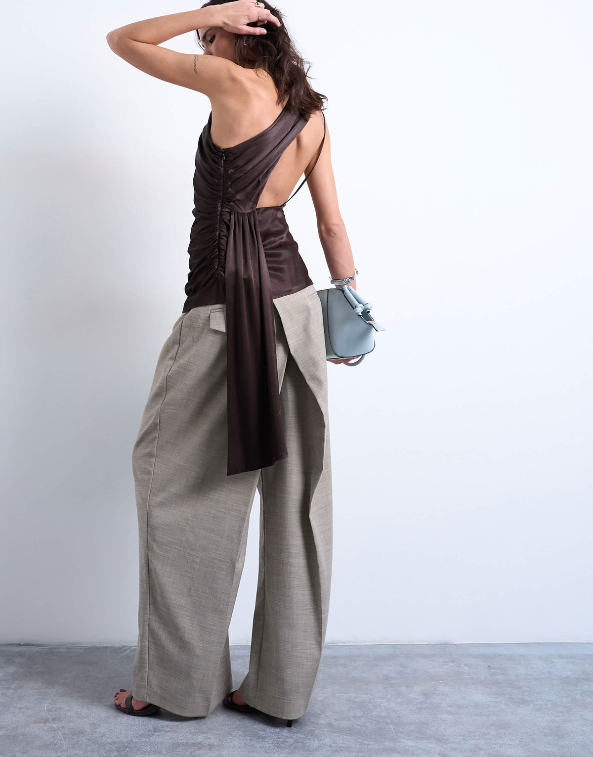 Topshop one shoulder top with drape back in chocolate