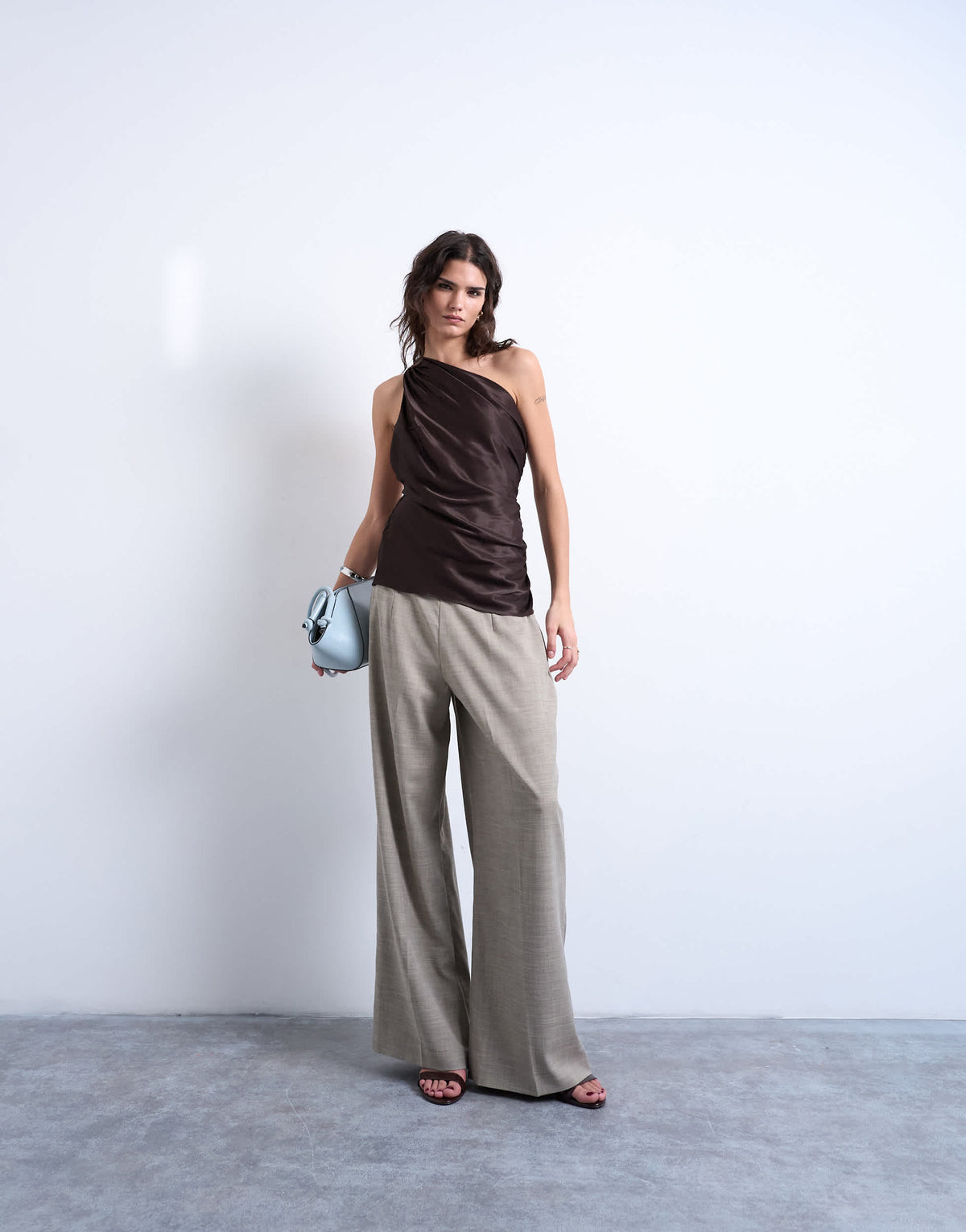 Topshop one shoulder top with drape back in chocolate