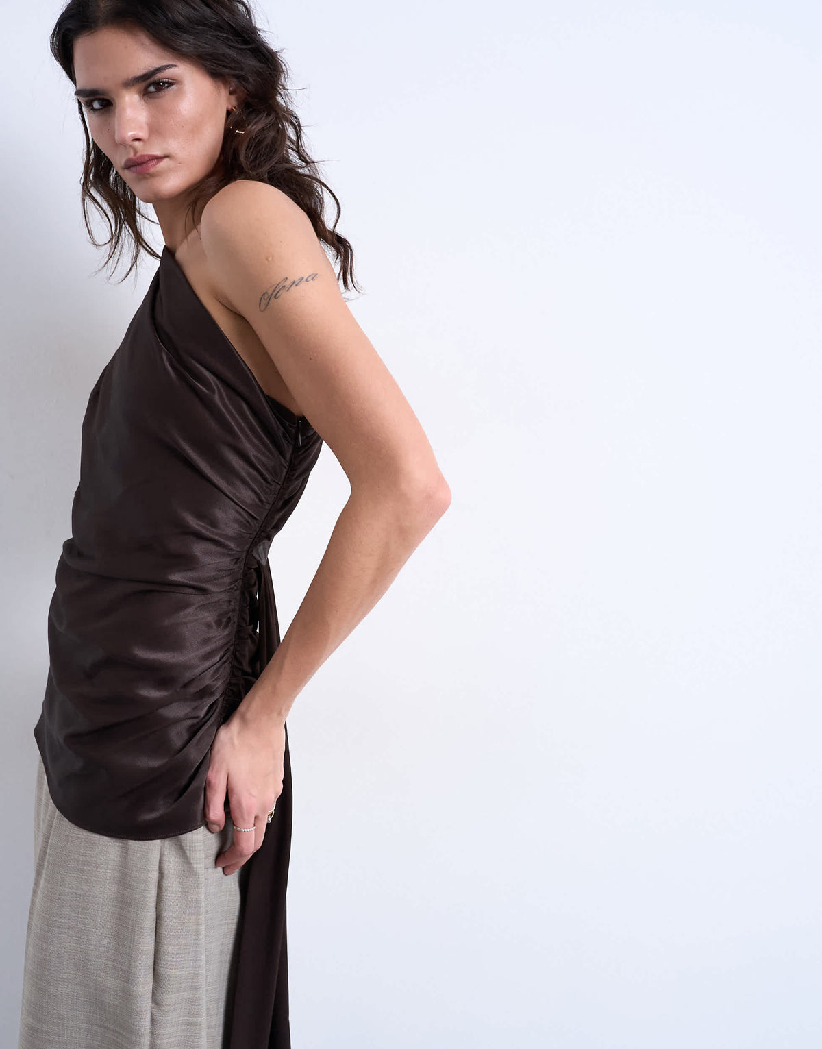 Topshop one shoulder top with drape back in chocolate