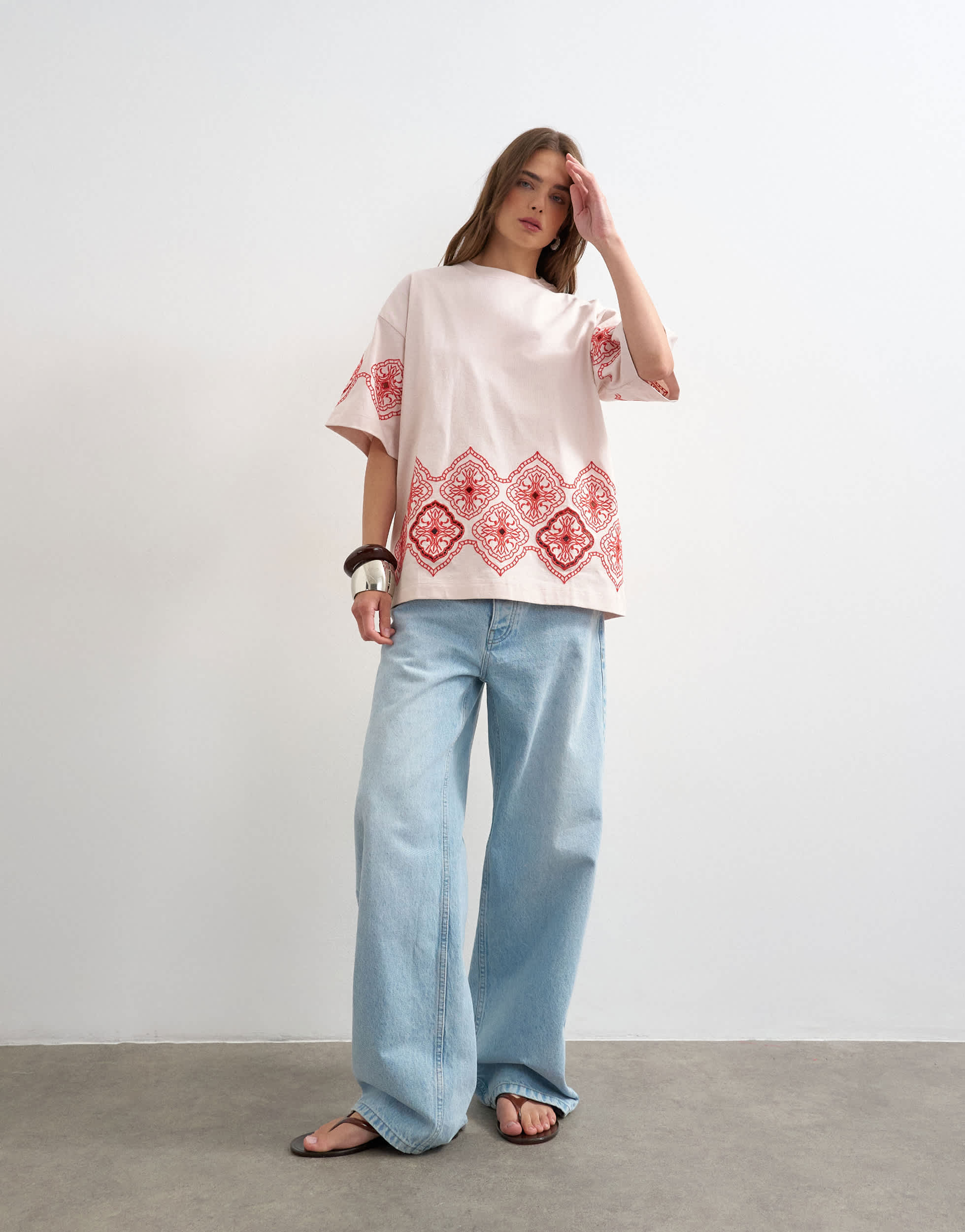 Topshop embroidered contrast cut out oversized t-shirt in light pink