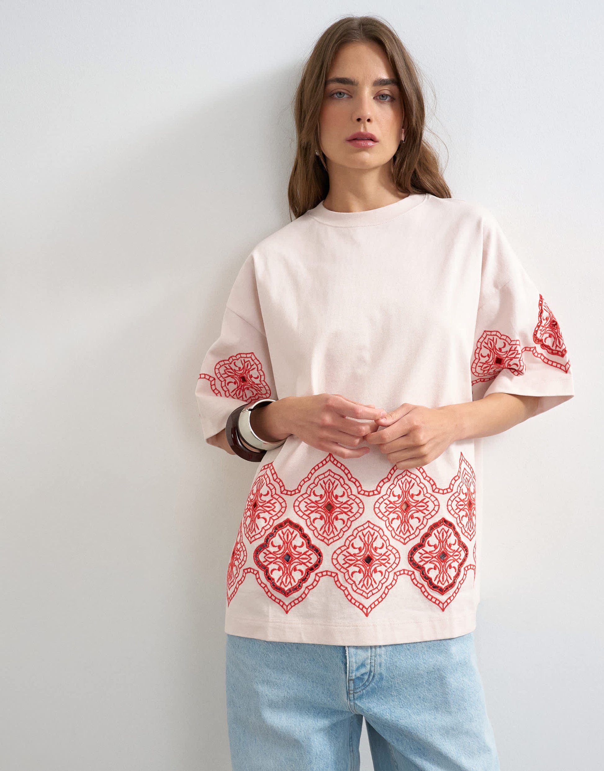 Topshop embroidered contrast cut out oversized t-shirt in light pink