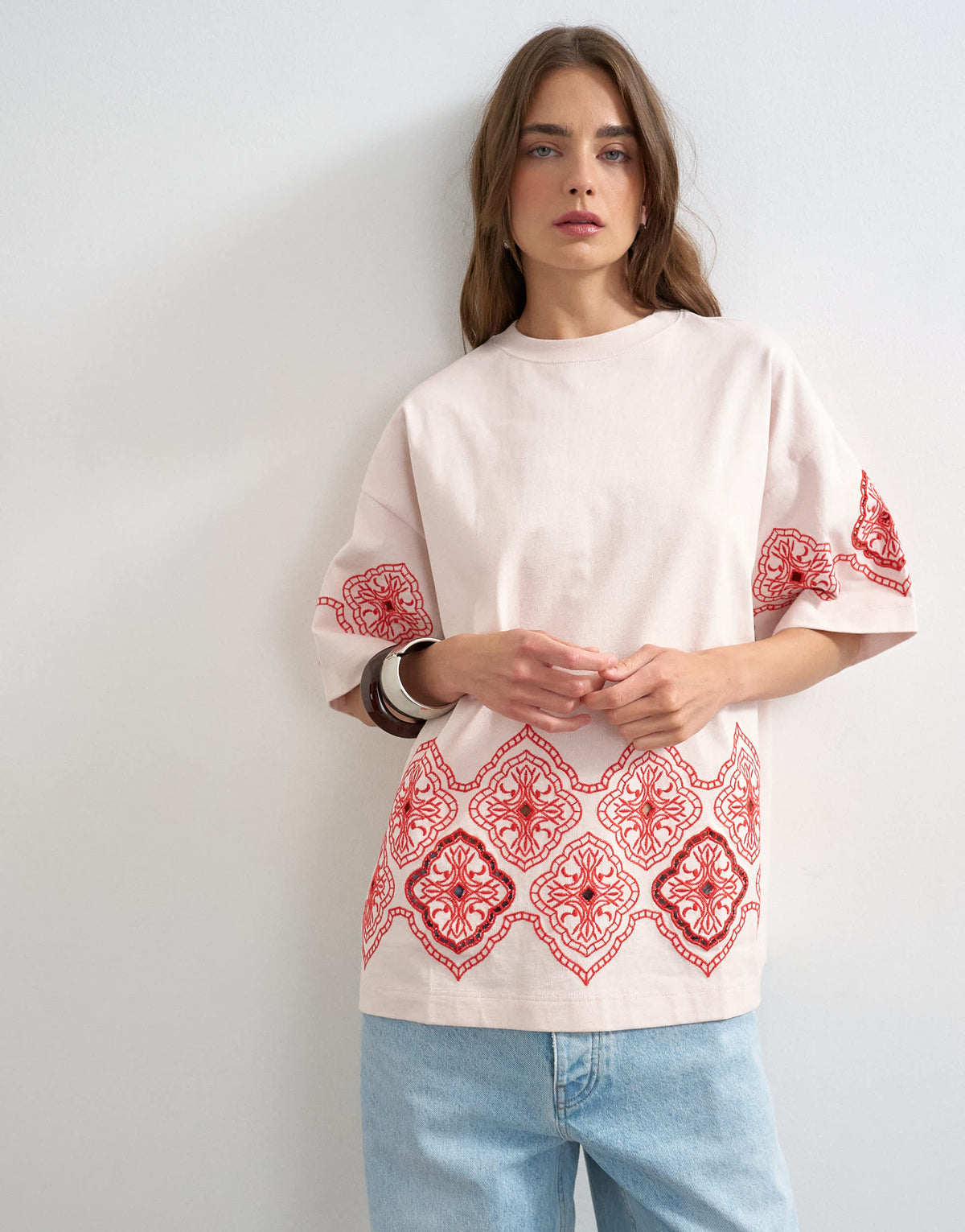 Topshop embroidered contrast cut out oversized t-shirt in light pink