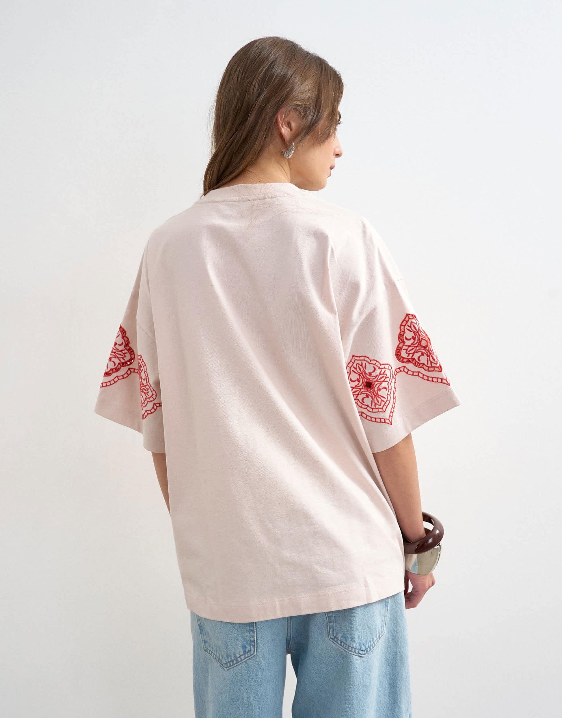 Topshop embroidered contrast cut out oversized t-shirt in light pink