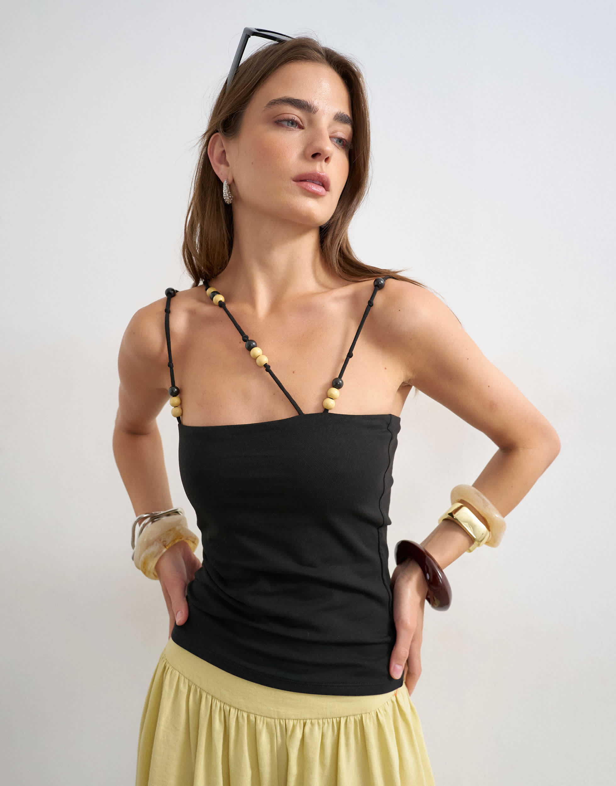Topshop multi beaded strap vest in black