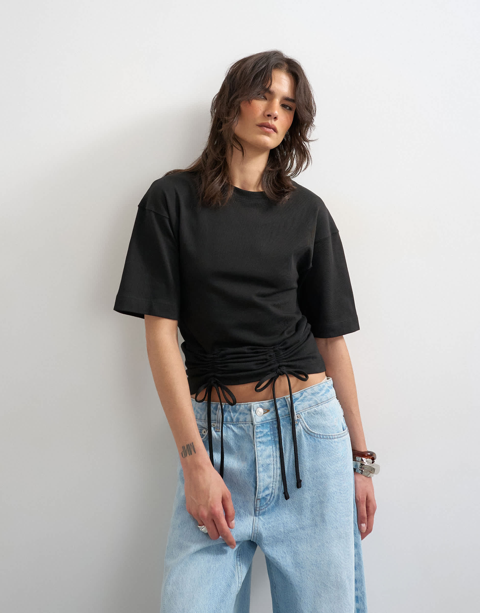 Topshop drawcord detail t-shirt in black