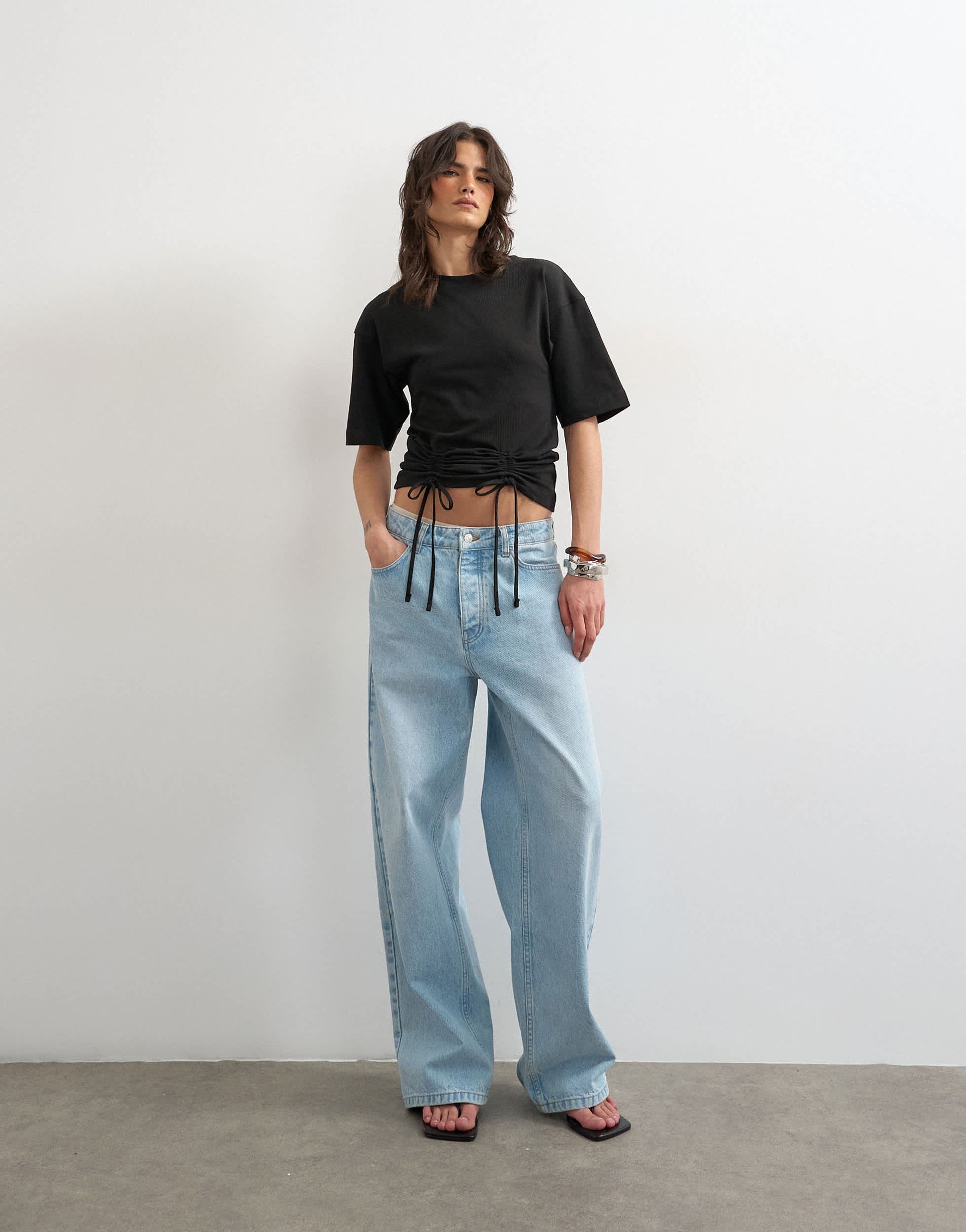 Topshop drawcord detail t-shirt in black