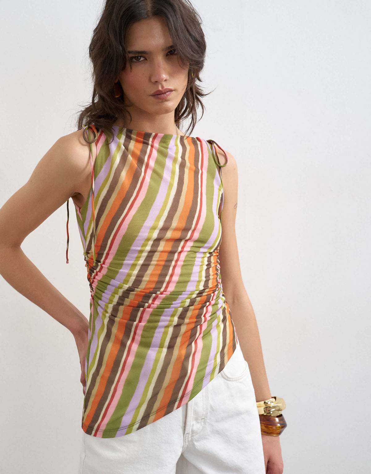 Topshop mesh stripe ruched shoulder asymmetric top in orange