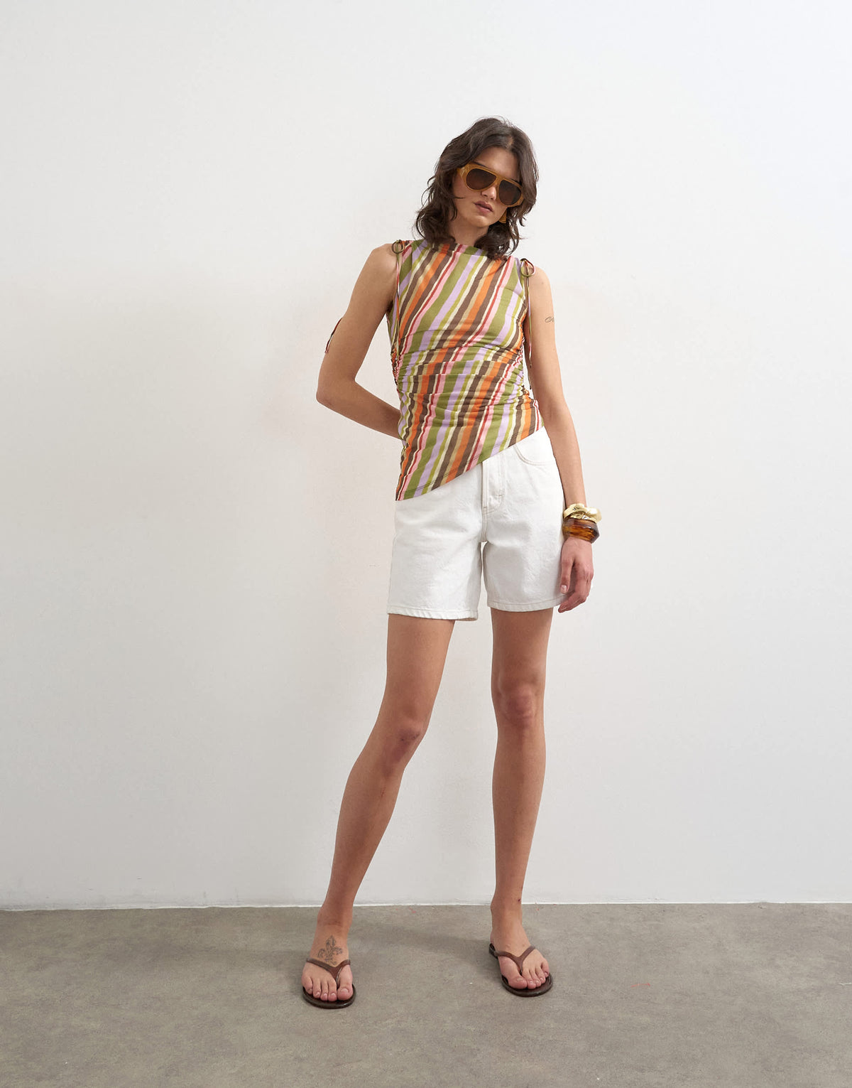 Topshop mesh stripe ruched shoulder asymmetric top in orange